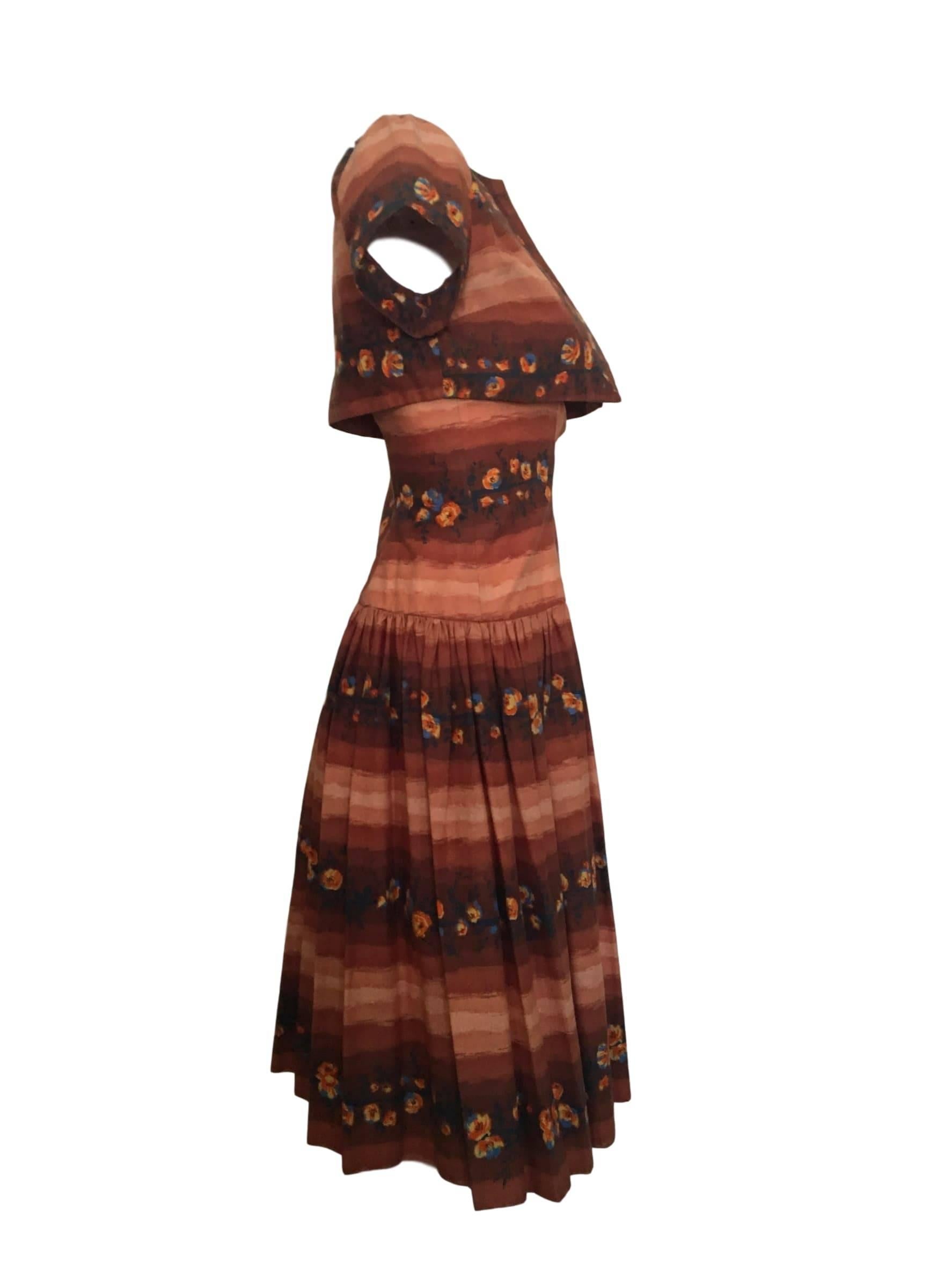 Brown 1950s Cotton Floral Print Brilkie Dress & Jacket Set For Sale
