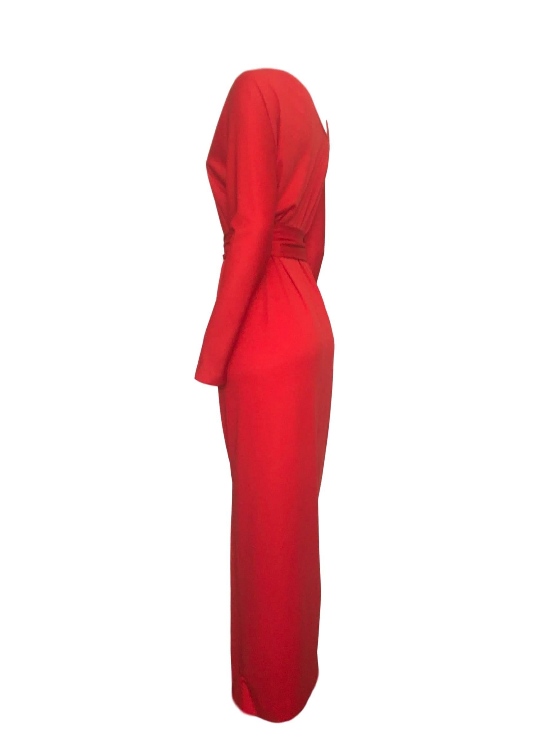 Victor Costa for Lord & Taylor rayon red jersey Hollywood maxi dress, with asymmetric neck line. Long waist belt with tassel trim. 

Size UK 10/12 measures 19 inches across chest 15 inches across waist and 55 inches length.

In excellent condition.