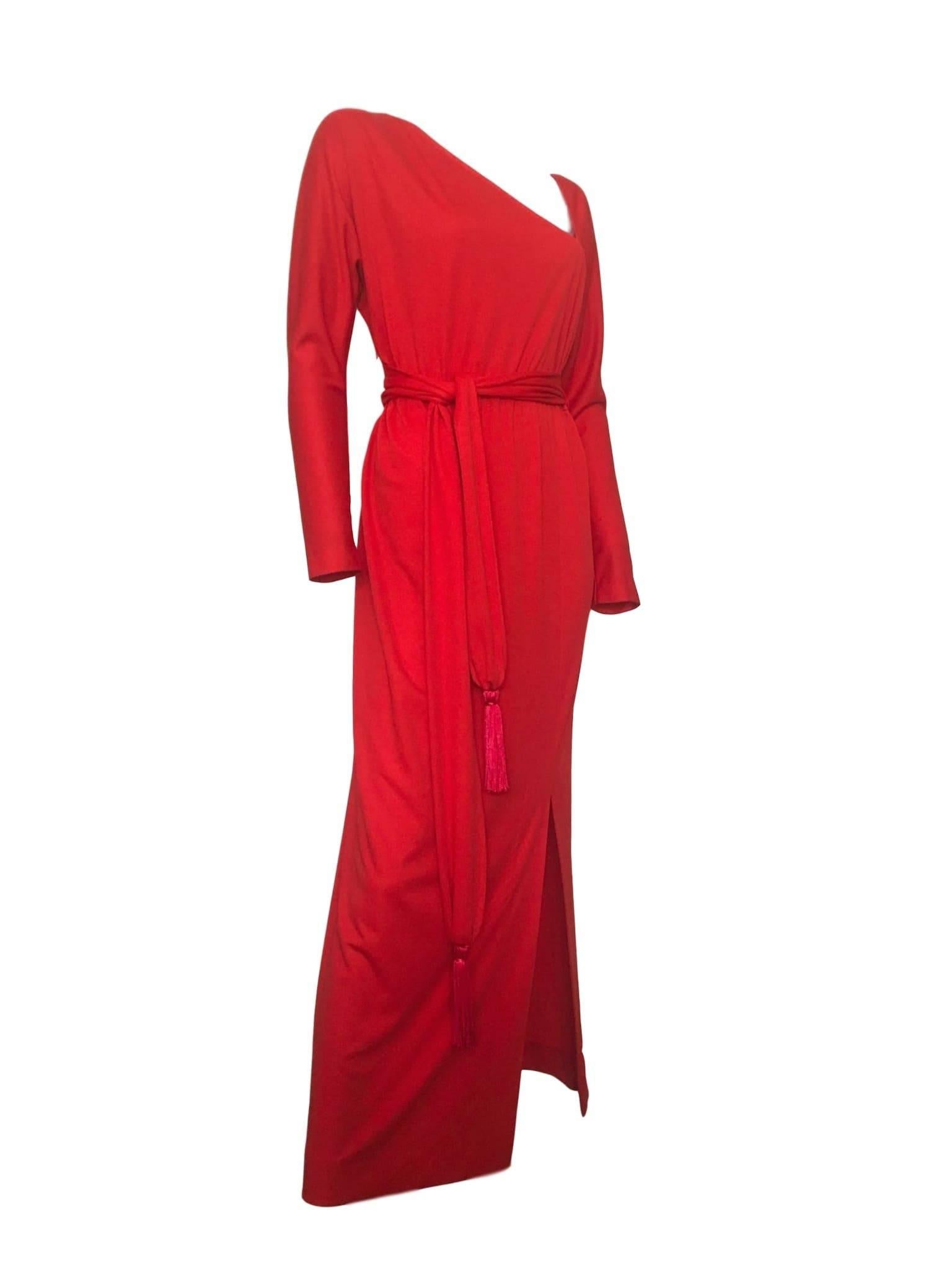 Victor Costa Red Hollywood Maxi Hostess Tassel Belt Dress In Excellent Condition For Sale In Portsmouth, Hampshire