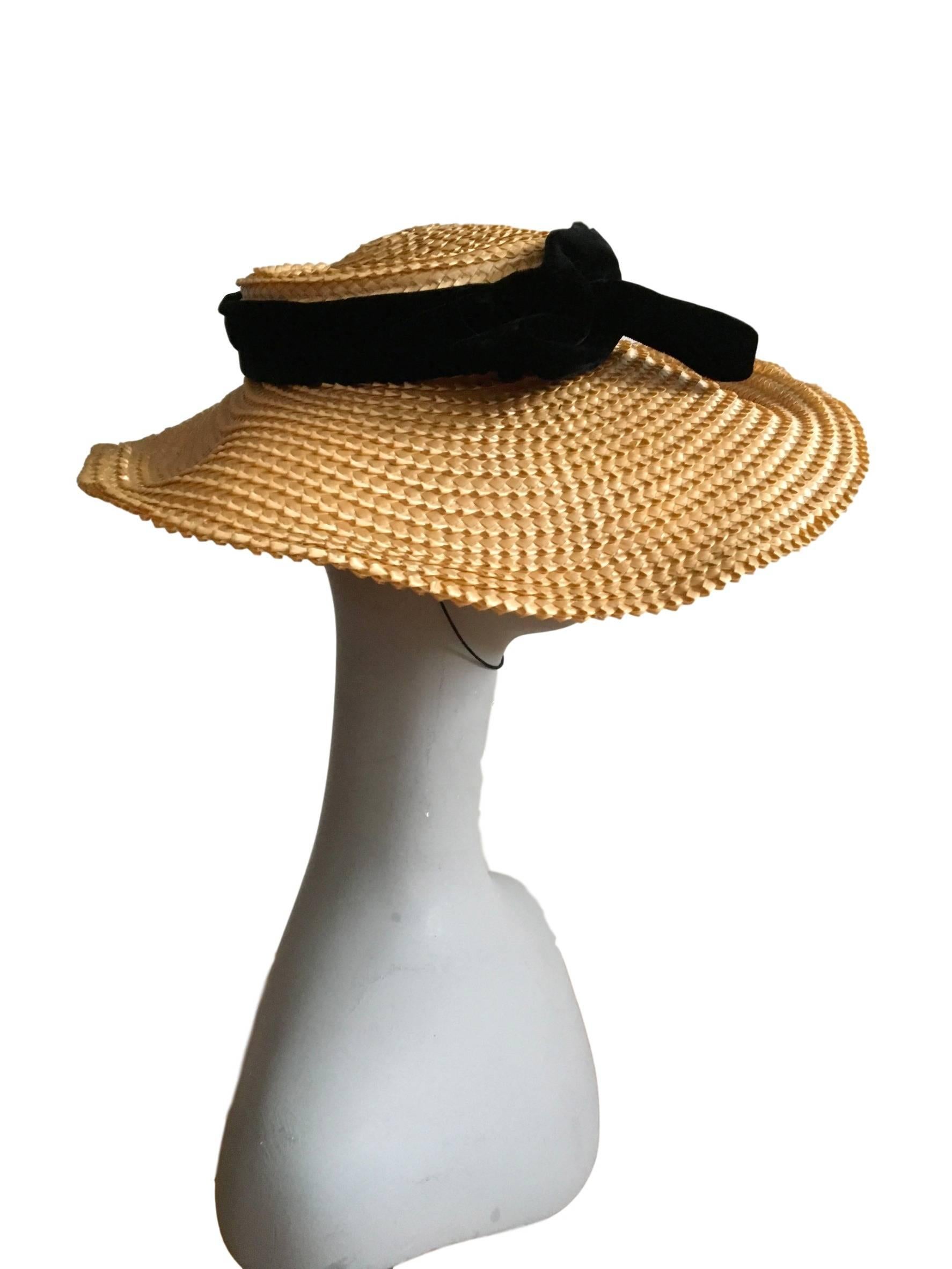 Brown J Marti Marti Barcelona 1960s Straw & Velvet Wide Brim Saucer Hat Vintage For Sale