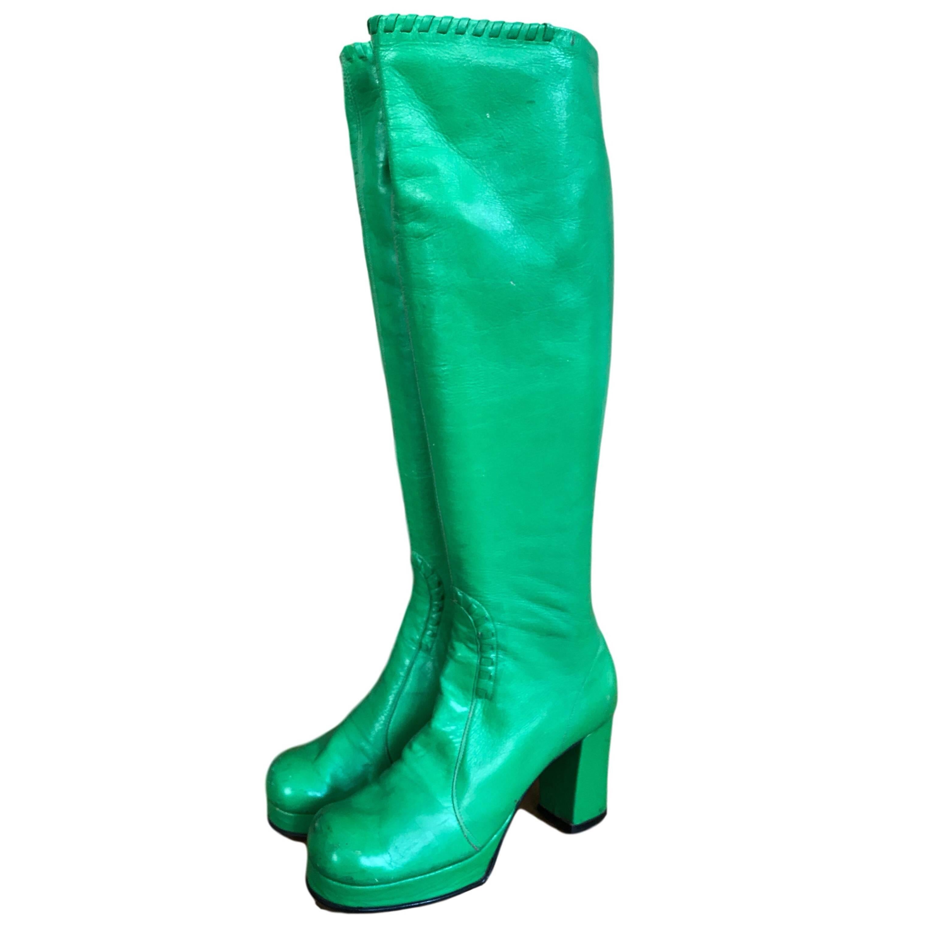 Vintage Bright Green Leather 1960s Platform Boots 
