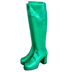 Vintage Bright Green Leather 1960s Platform Boots 