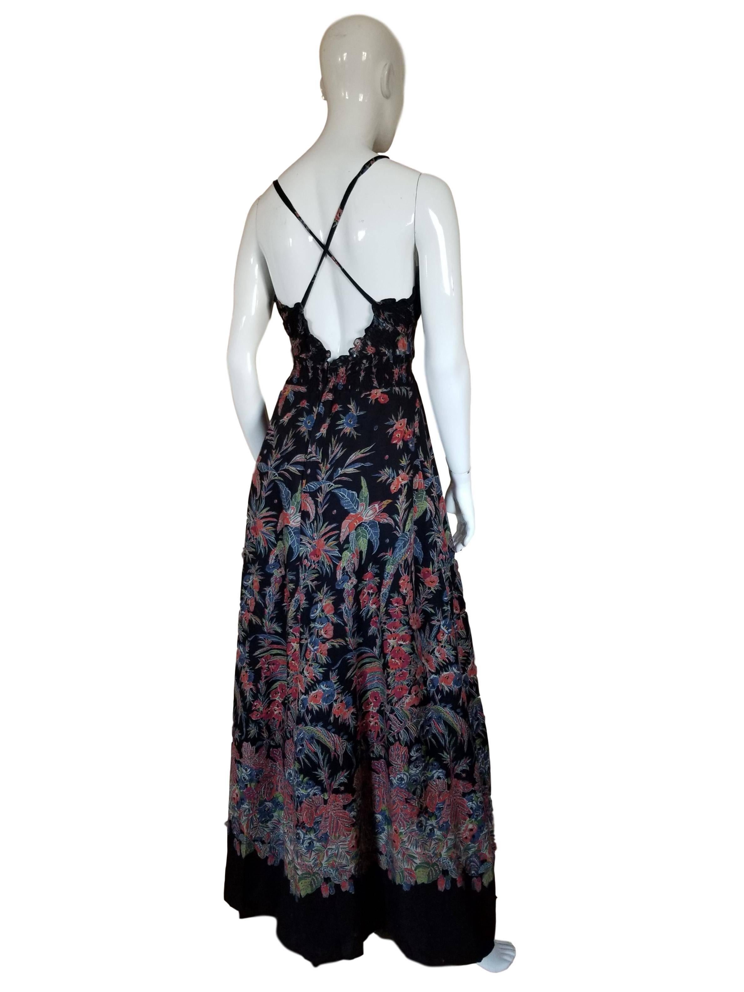 Black Vintage Floral 1970s Cross Back Strap Cotton Maxi Dress And Bolero  For Sale