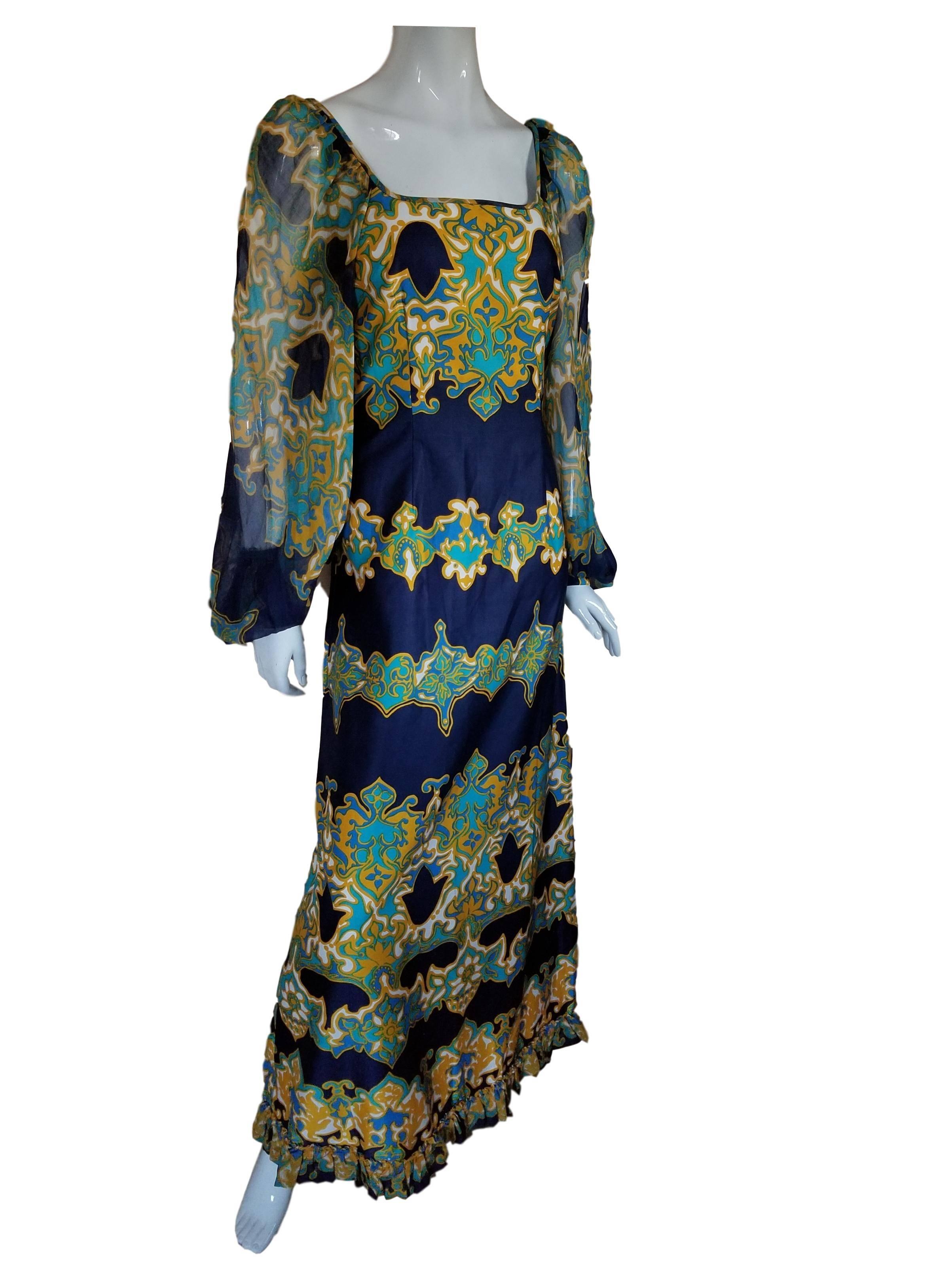 Black 1970s Elmoor London Cotton Psychedelic Print Sheer Billow Sleeve Maxi Dress  For Sale