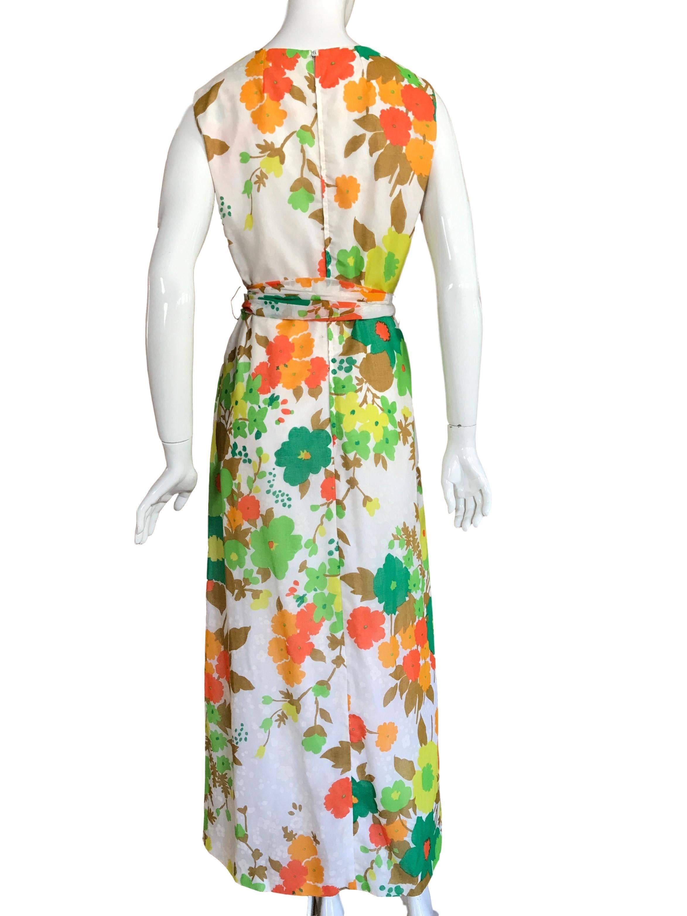 Brown Vintage Original 1970s Floral Cotton Teryline Crestina Maxi Dress With Long Sash For Sale