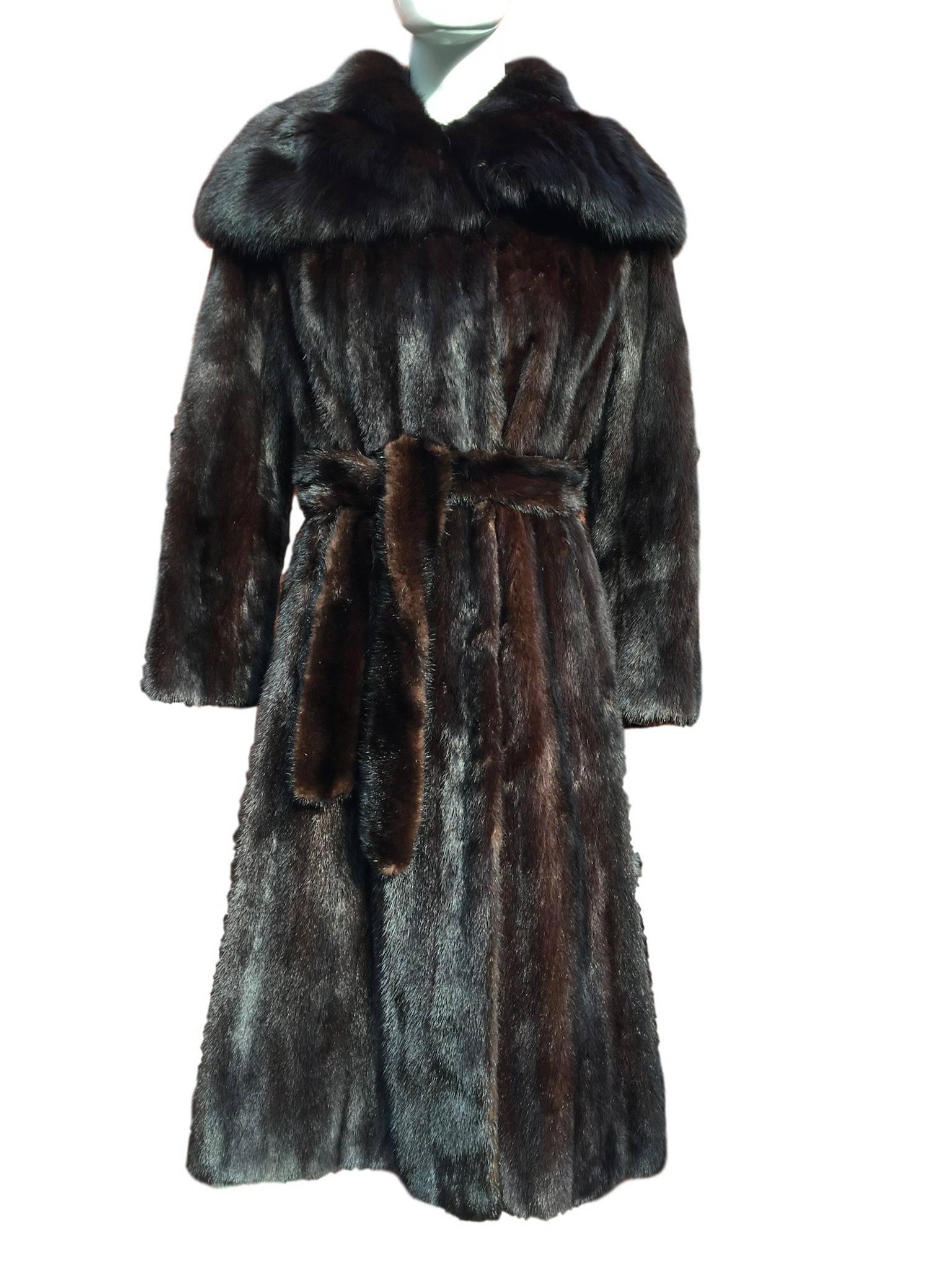 Black 1970s BLACKGLAMA Dark Mink Coat Vintage Fox Fur Collar Belted 