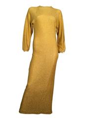 Bill blass Vintage 1970s Metallic Gold Maxi Ribbed Knit Dress
