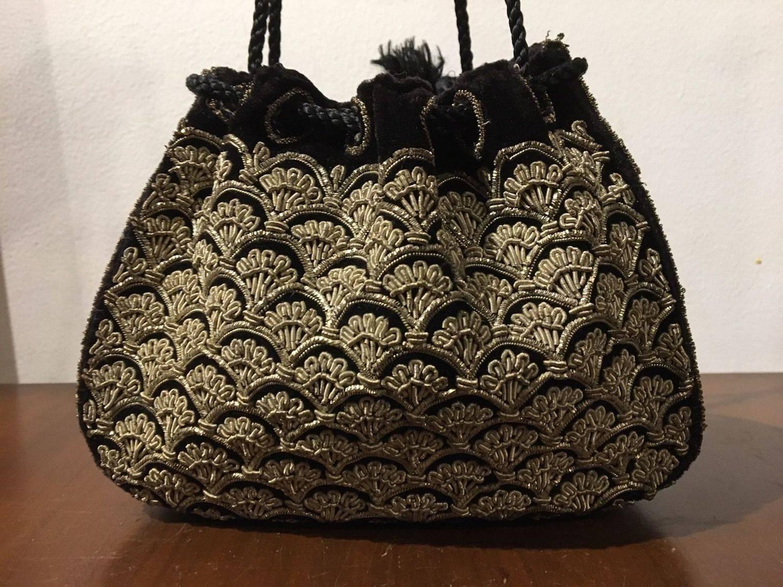 Antique Zardosi Black Gold Metallic Thread Handbag Bag Purse Drawstring Deco 1