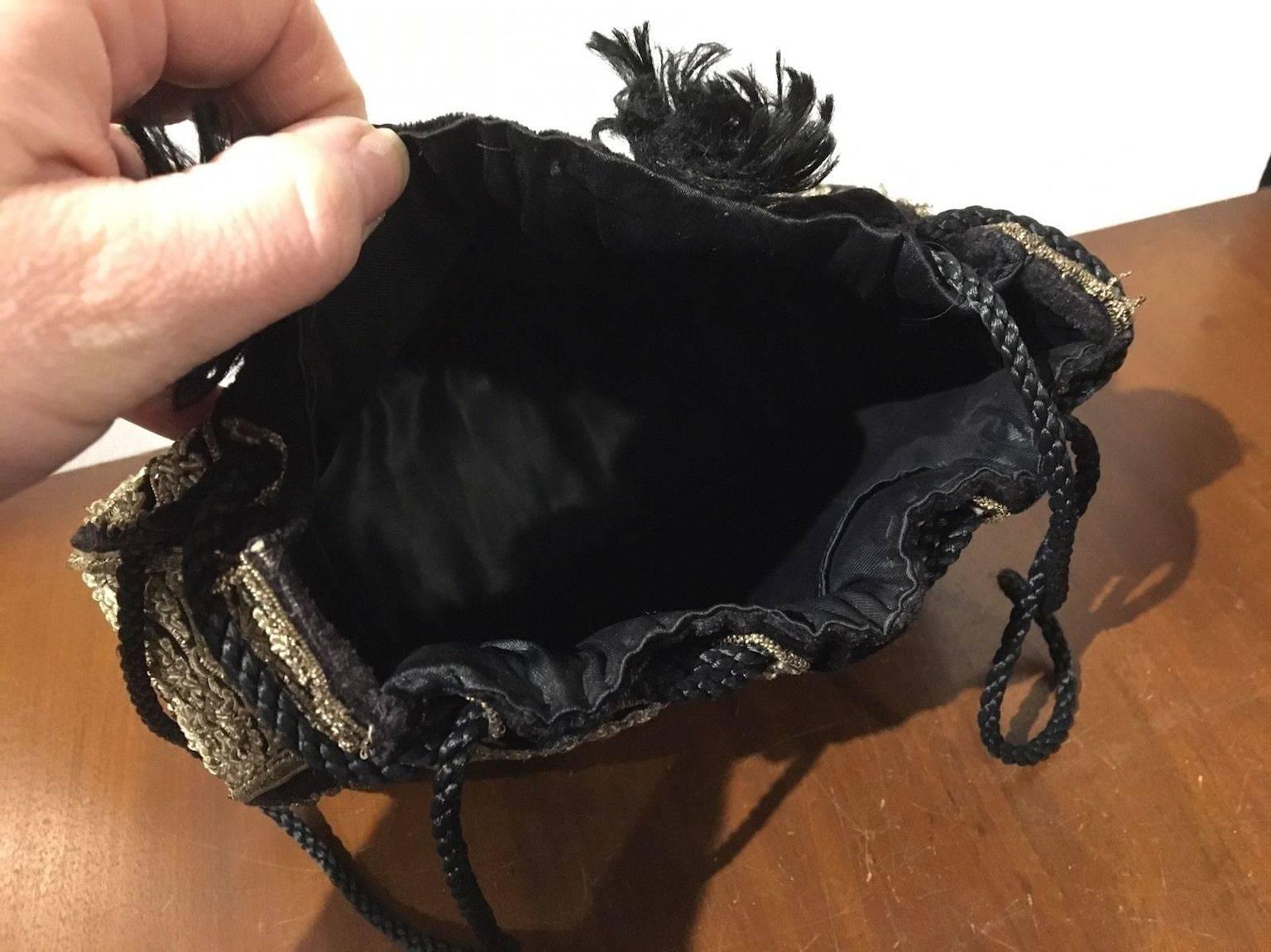 Men's Antique Zardosi Black Gold Metallic Thread Handbag Bag Purse Drawstring Deco