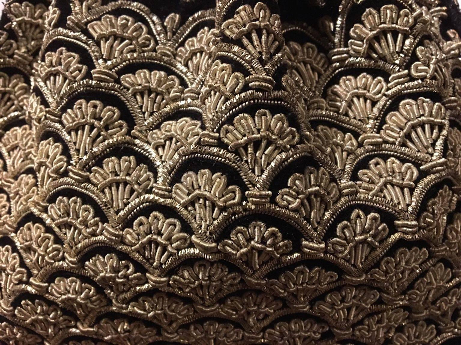 Antique Zardosi Black Gold Metallic Thread Handbag Bag Purse Drawstring Deco 2