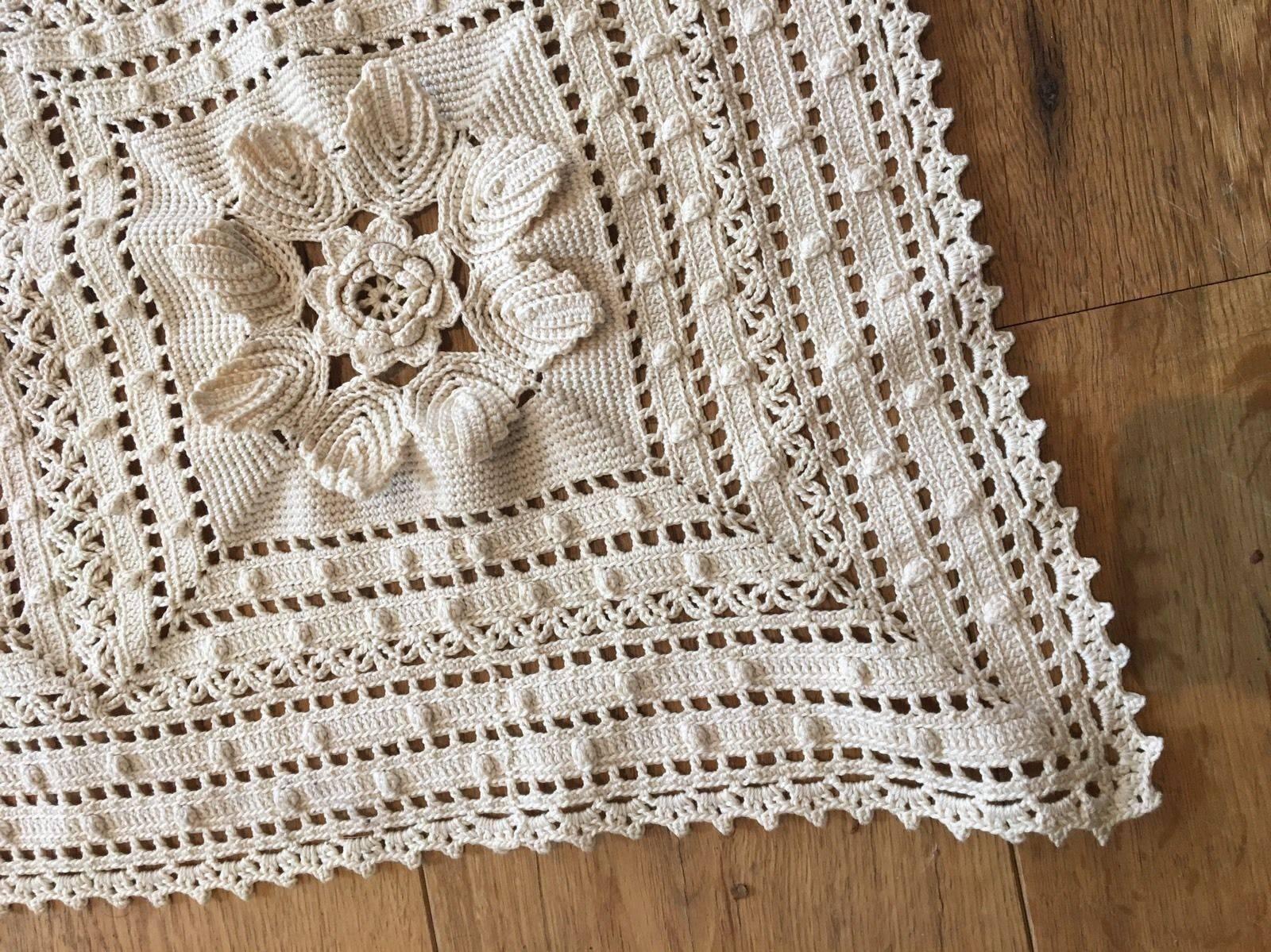 Gray Antique Crochet Blanket Bedspread Throw Raised Flower Work Huge Edwardian