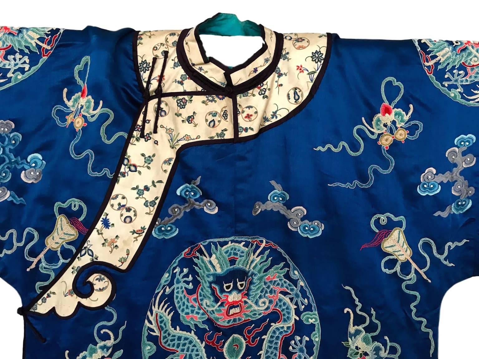Blue Antique Early 20th Century Silk Open Stitch Embroidery Chines Coat For Sale