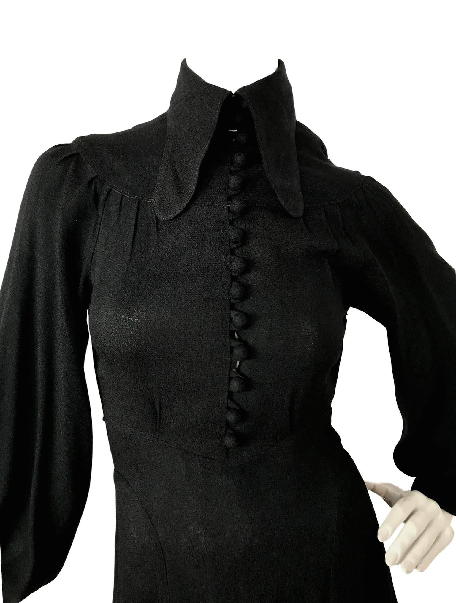 Ossie Clark Penny Collar 1970s Black Moss Crepe Maxi Dress  In Excellent Condition For Sale In Portsmouth, Hampshire