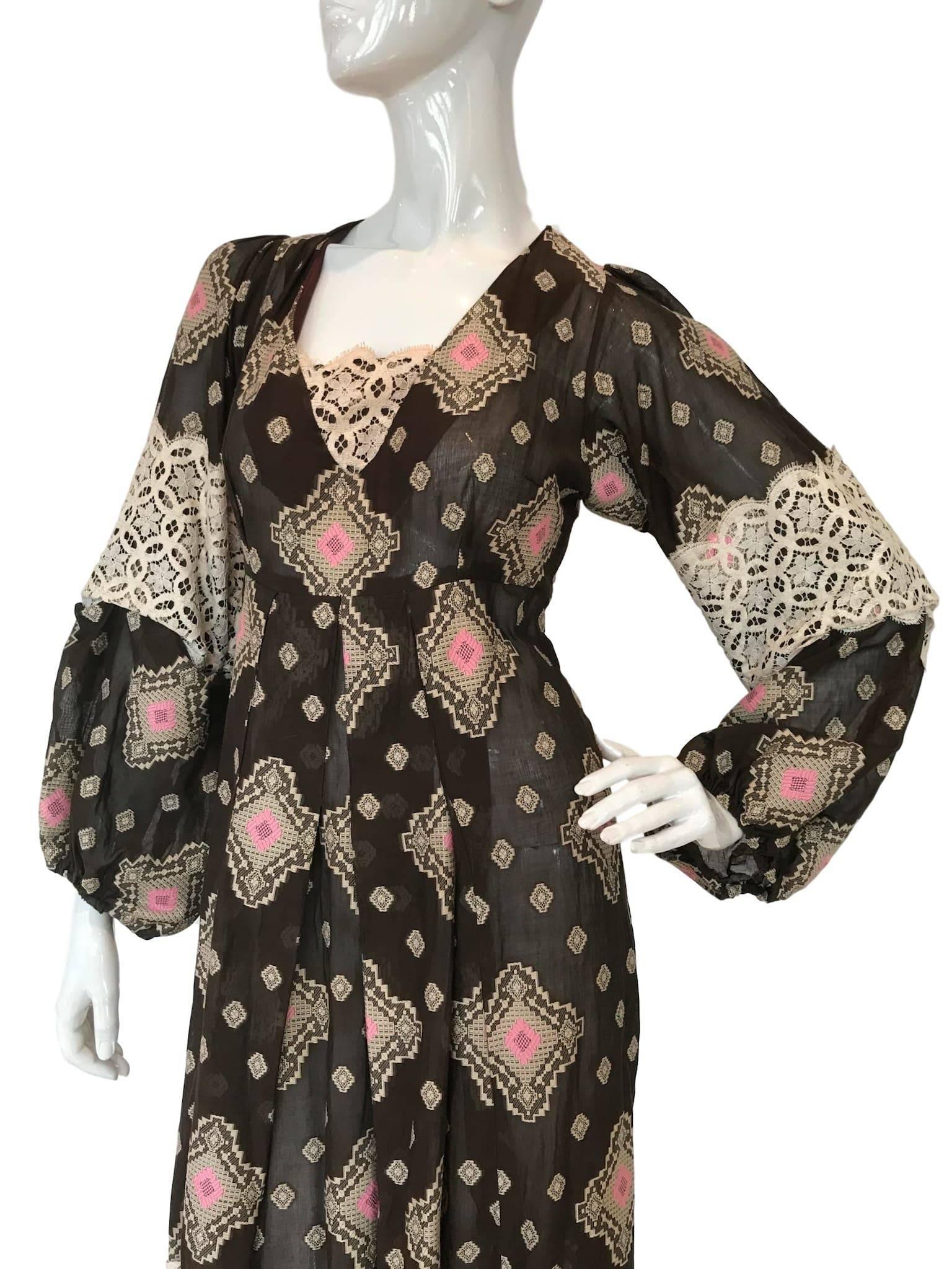 Black Vintage Thea Porter 1971 Lace Brocade Maxi Dress 