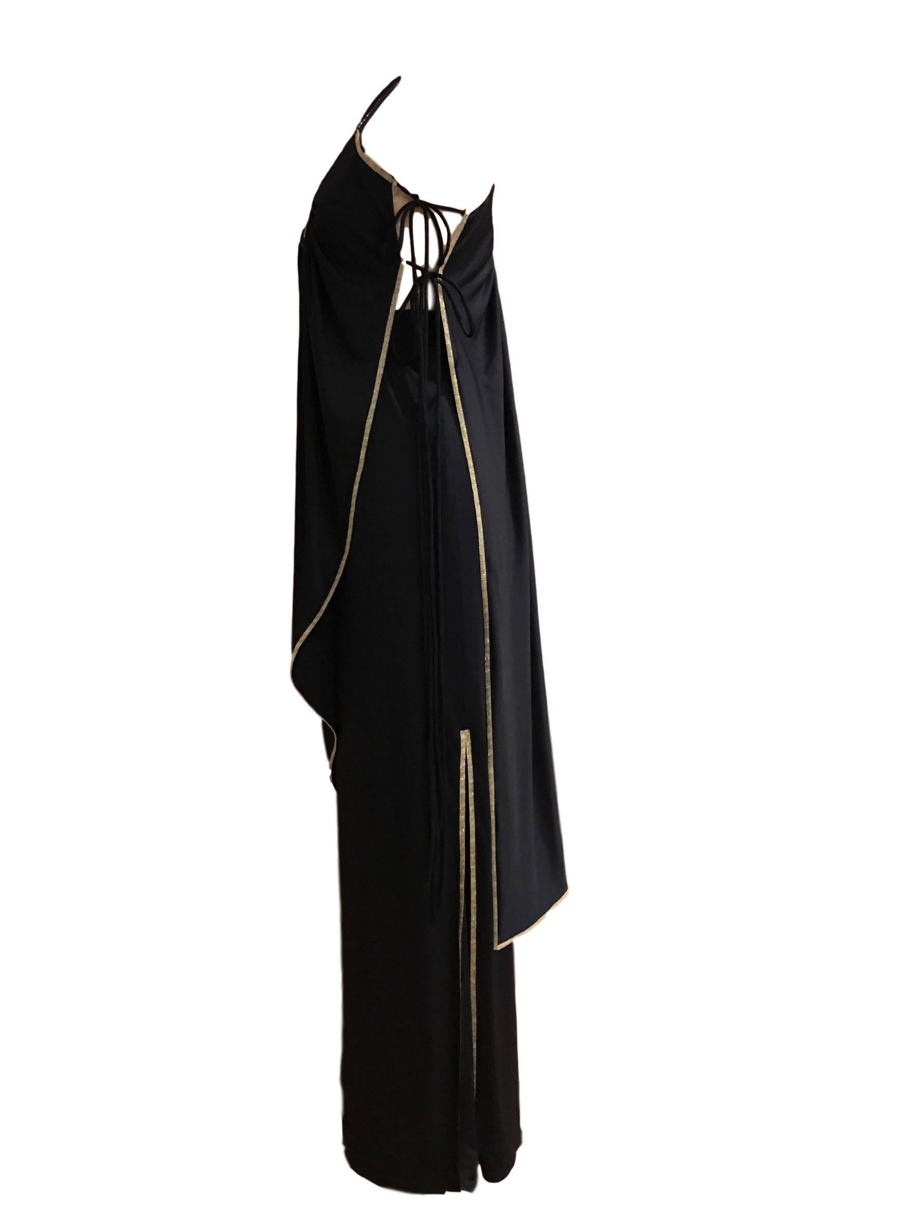 Black Bill Gibb Jersey Crepe Toga 2 Piece Dress Beaded Ensemble 1970s For Sale