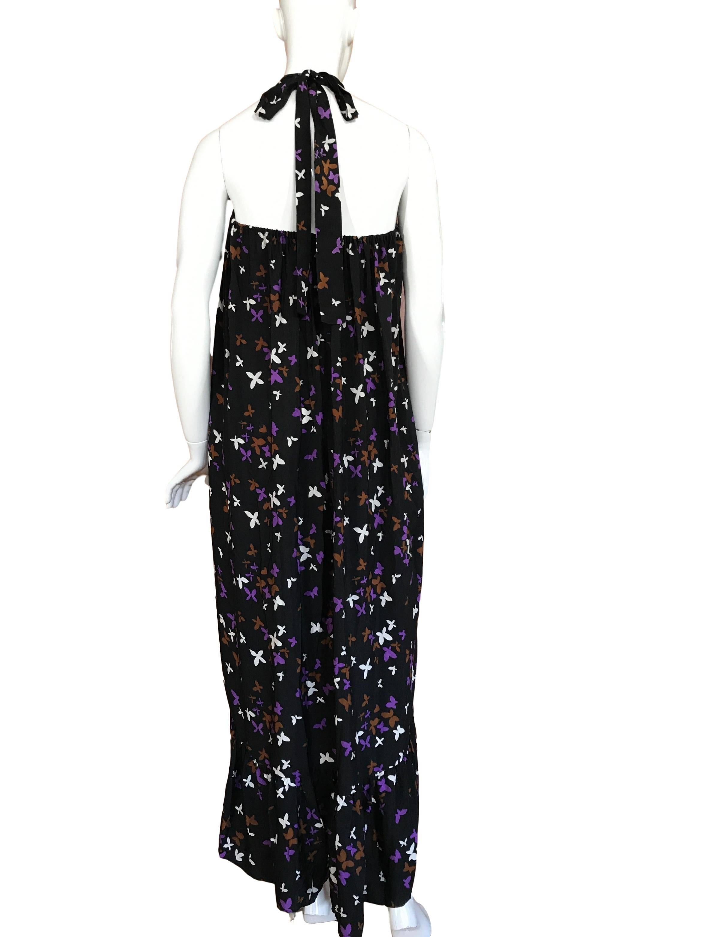 Black Yves Saint Laurent S/S 1978 Silk Butterly Print Halter Maxi Dress Gown For Sale