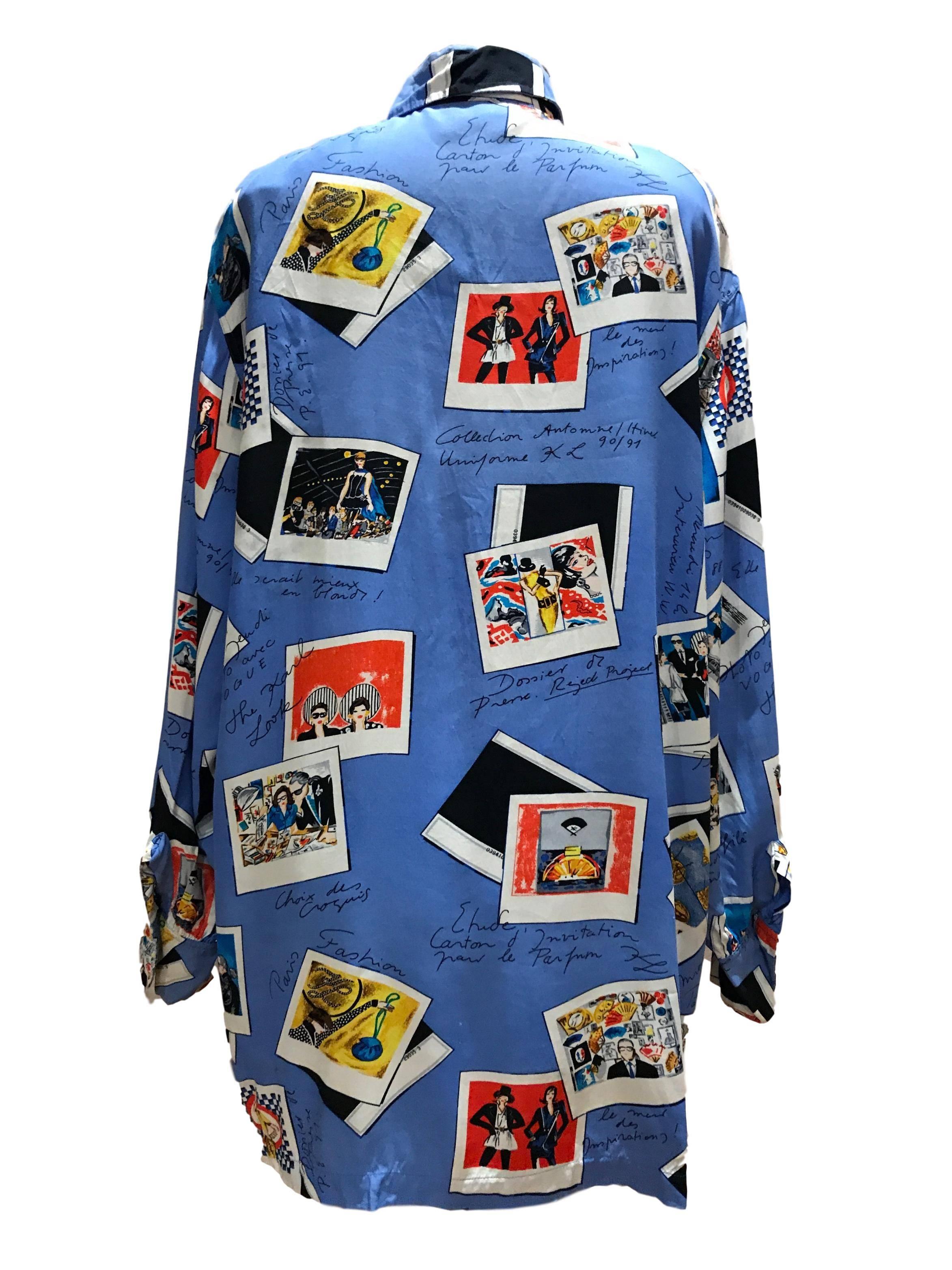 Karl Lagerfeld KL Novelty Polaroid Print Shirt. 

Button front rayon ladies shirt made in 1990 under the KL label. 

Measures 24 inches across chest. 34 inches length. 19 inches across shoulders and 23 inch sleeve length from shoulder seal to cuff.