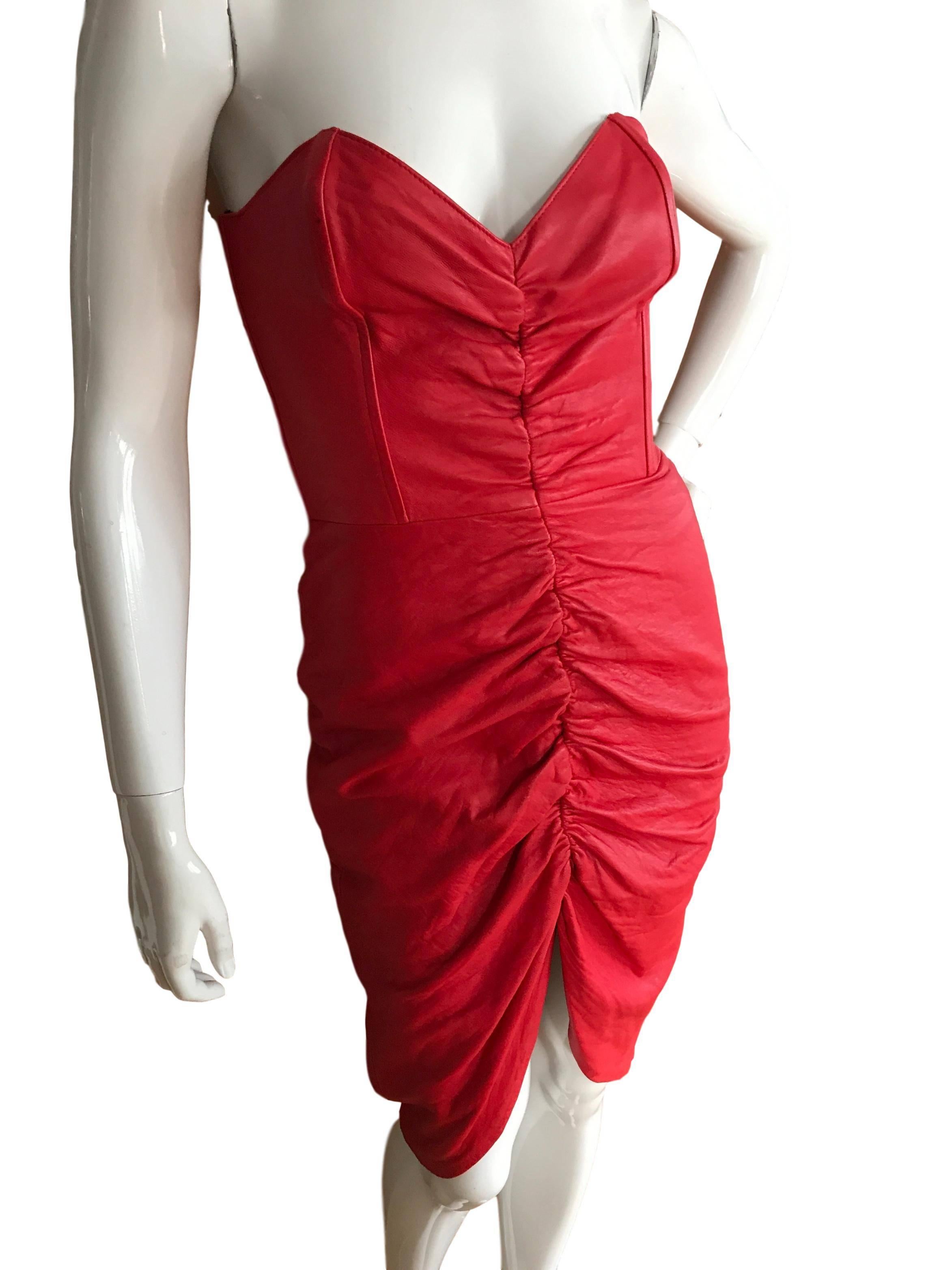 Vintage 1980s Travilla Soft Leather Red Bustier Dress In Excellent Condition For Sale In Portsmouth, Hampshire