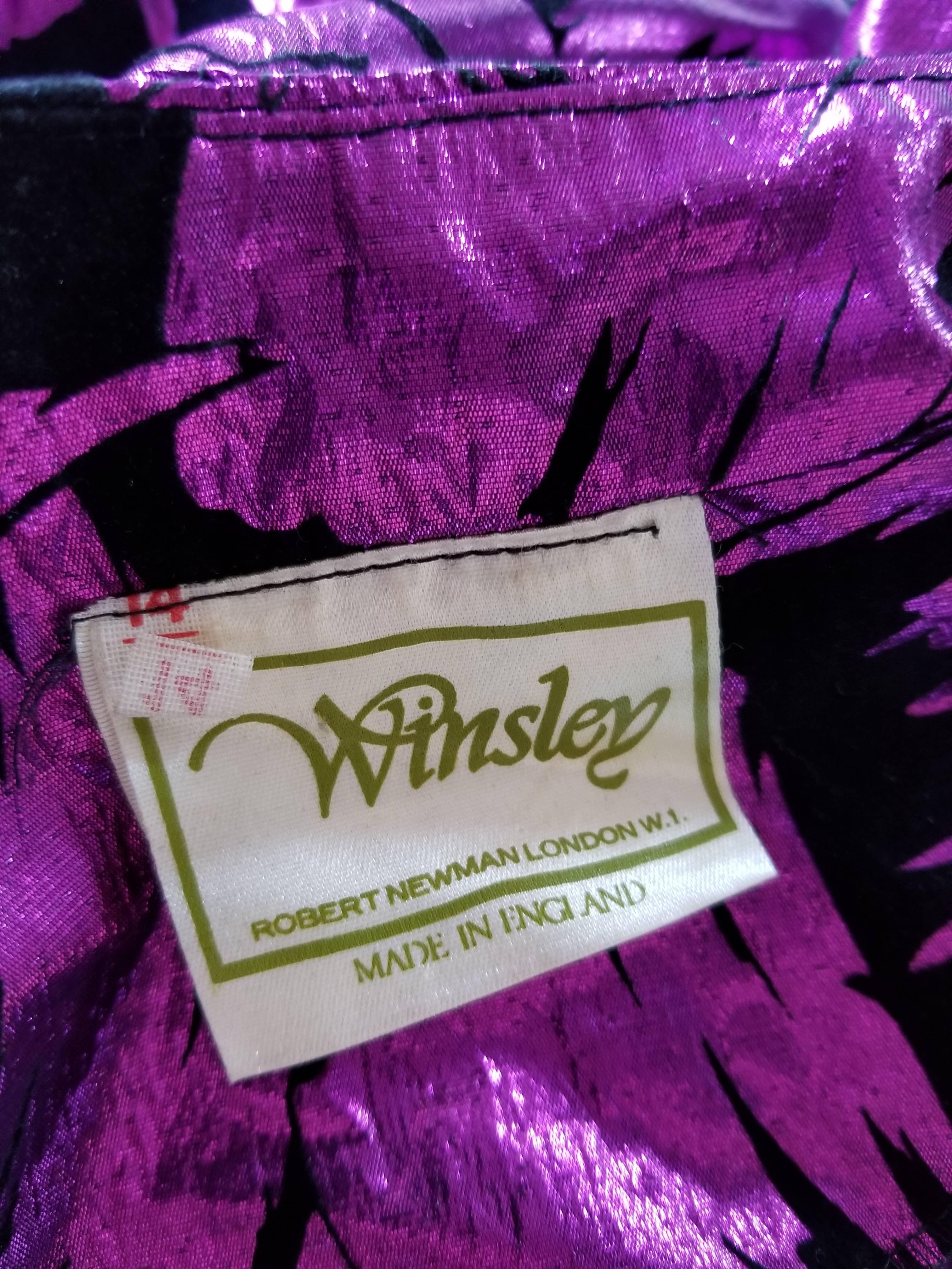 Robert Newman for Winsley 1980s Metallic Foil Purple Black Flocked Blouse  In Excellent Condition For Sale In Portsmouth, Hampshire