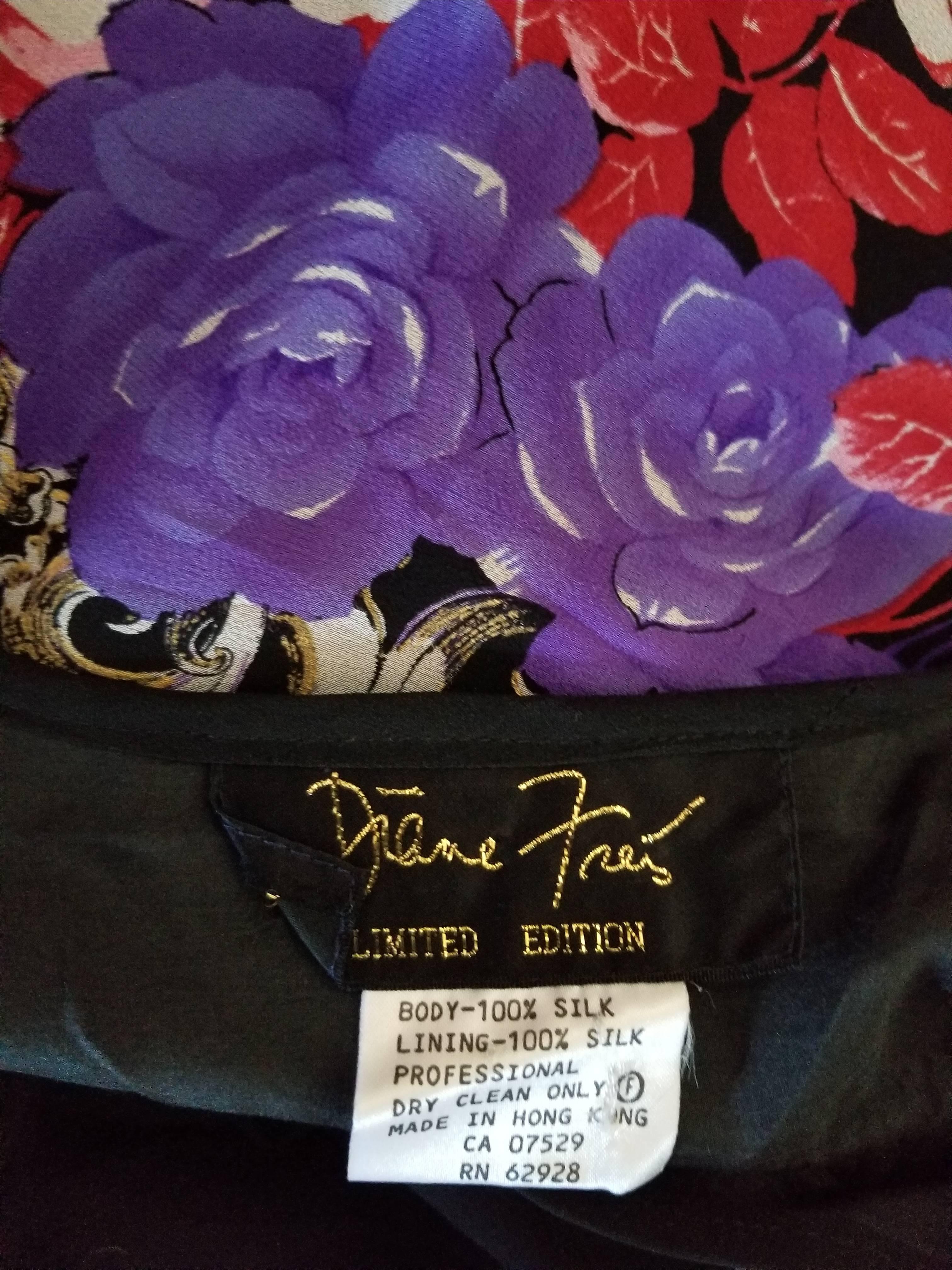 Women's Diane Freis Vintage Silk Black Graphic Floral Print Chiffon Maxi Dress With Sash For Sale