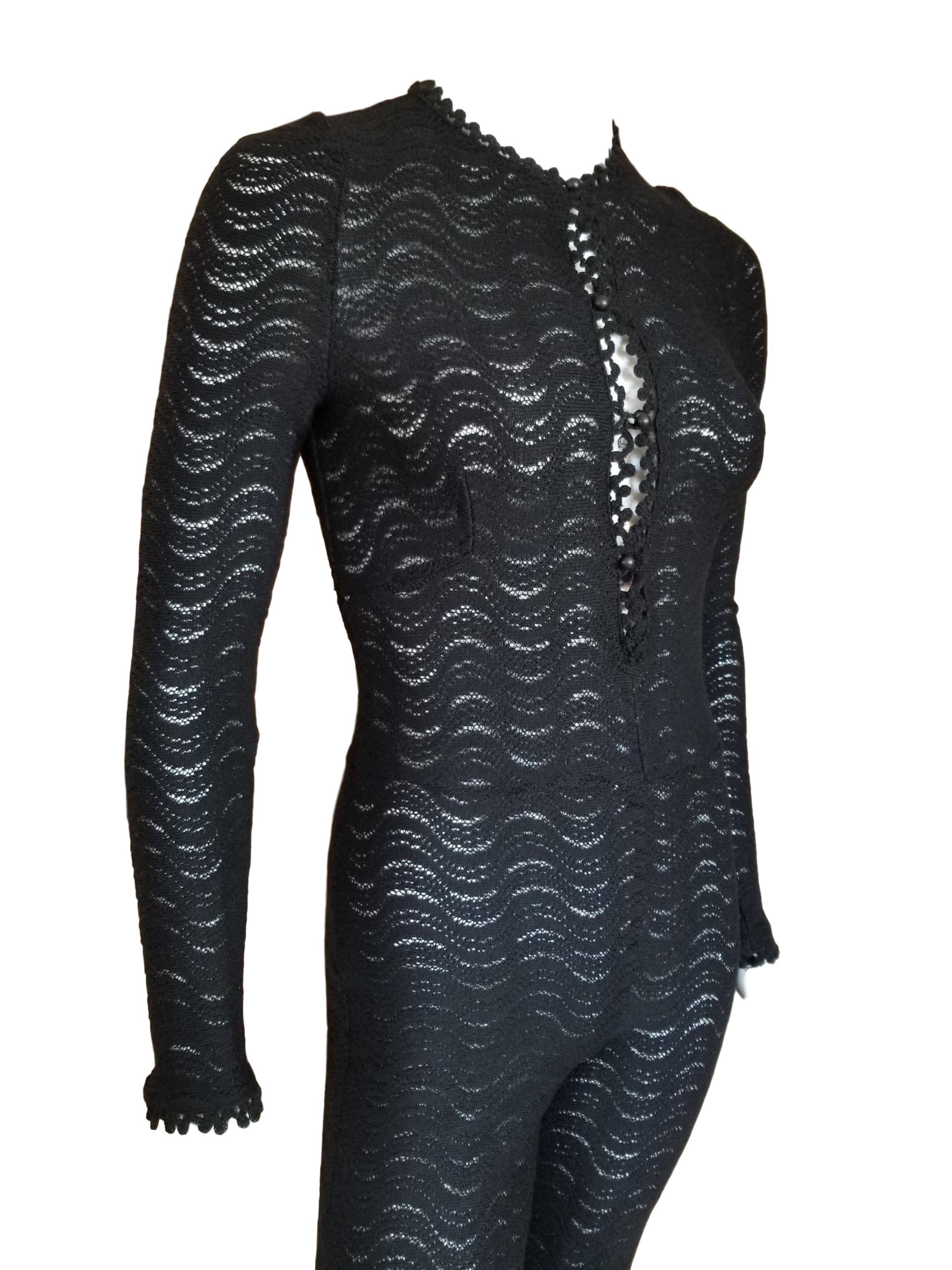 Vintage 1960s Biba Rare Crochet Black Catsuit Jumpsuit   In Excellent Condition In Portsmouth, Hampshire