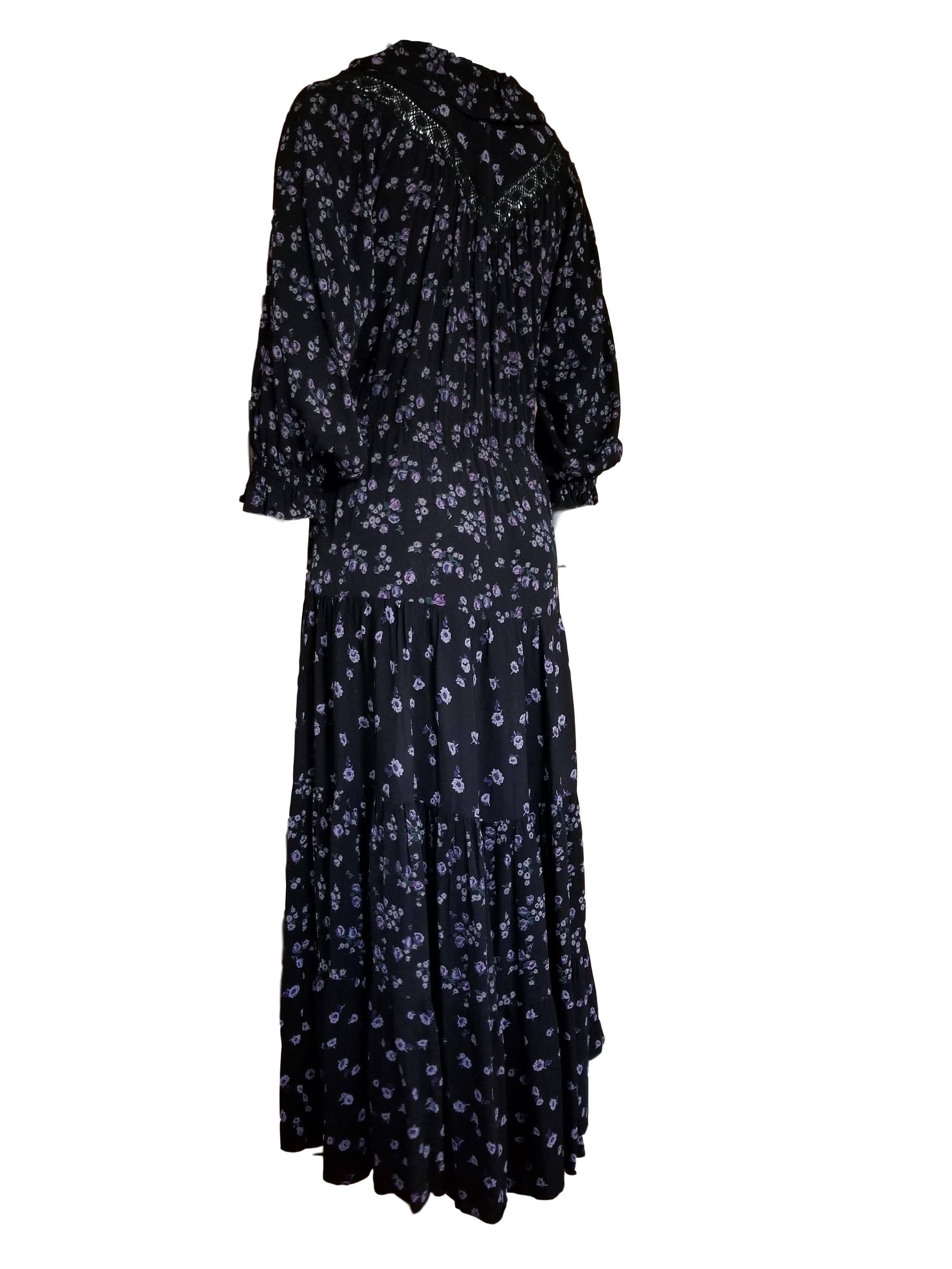 Black Rare Vintage Mushroom by Perlei 1970s Vintage Crepe Floral Bohemian Dress