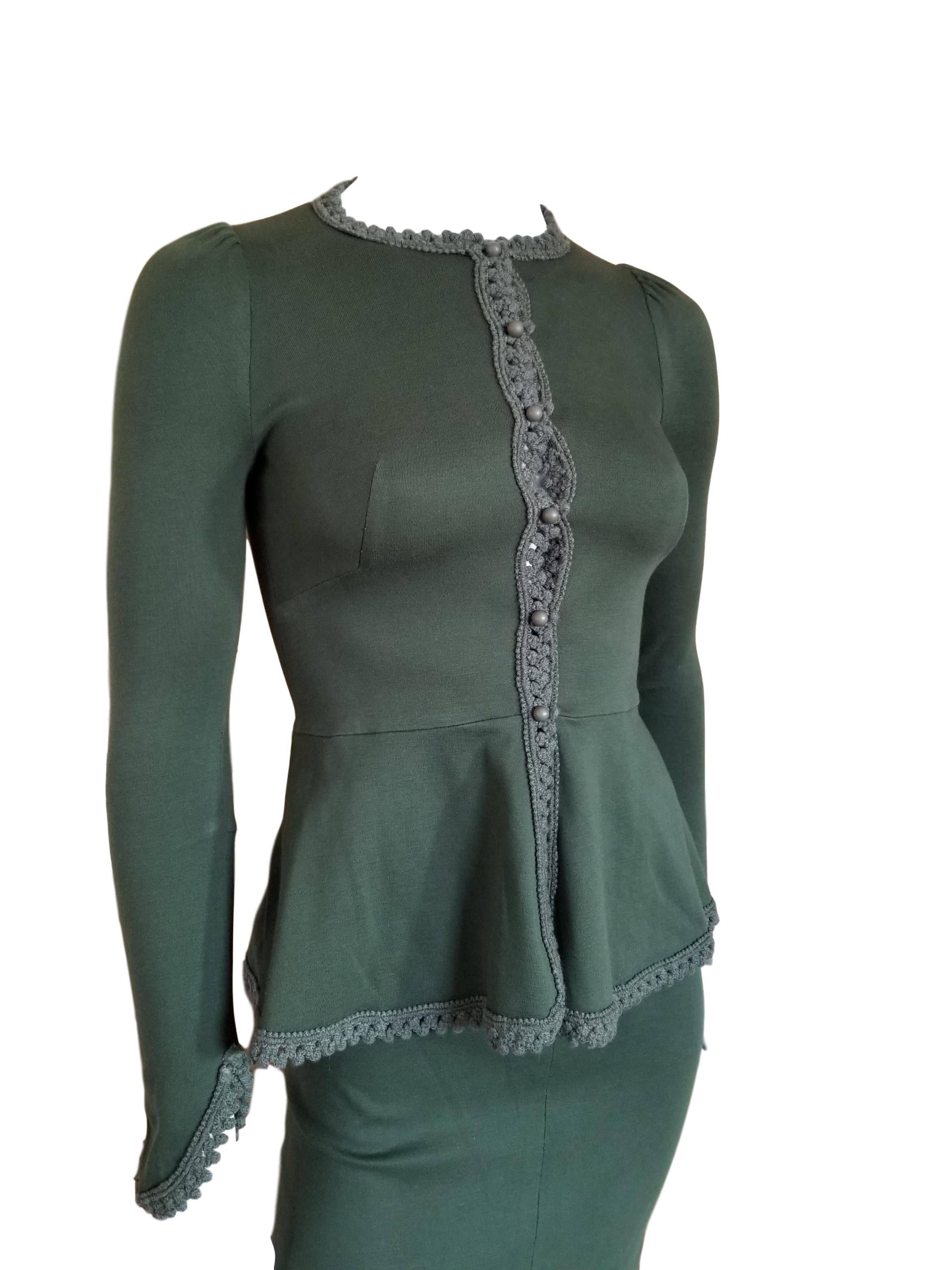 Black Biba 1960s British Green Edwardian Style Cotton 2 Piece Skirt Suit