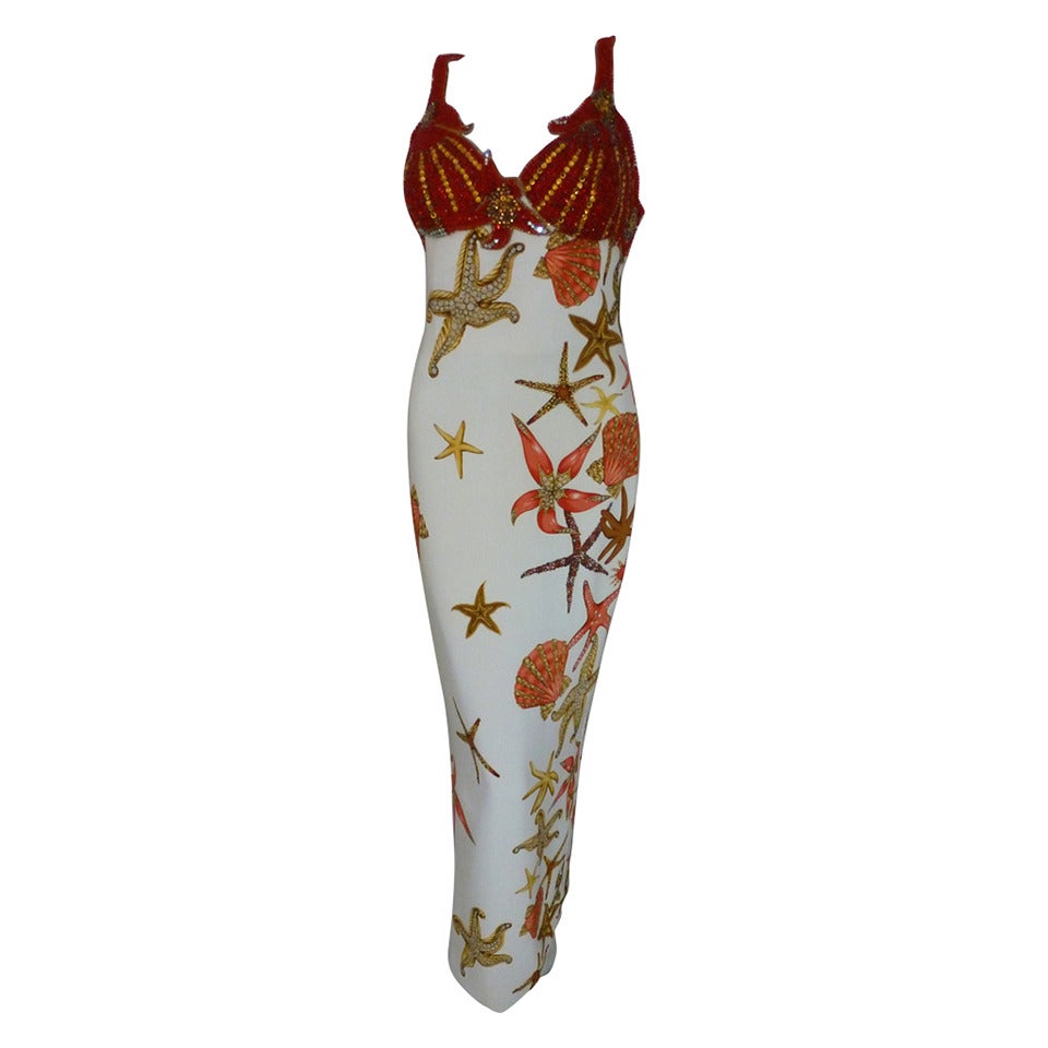Iconic Gianni Versace Couture Seashell Jewelled Silk Evening Gown Spring 1992 For Sale