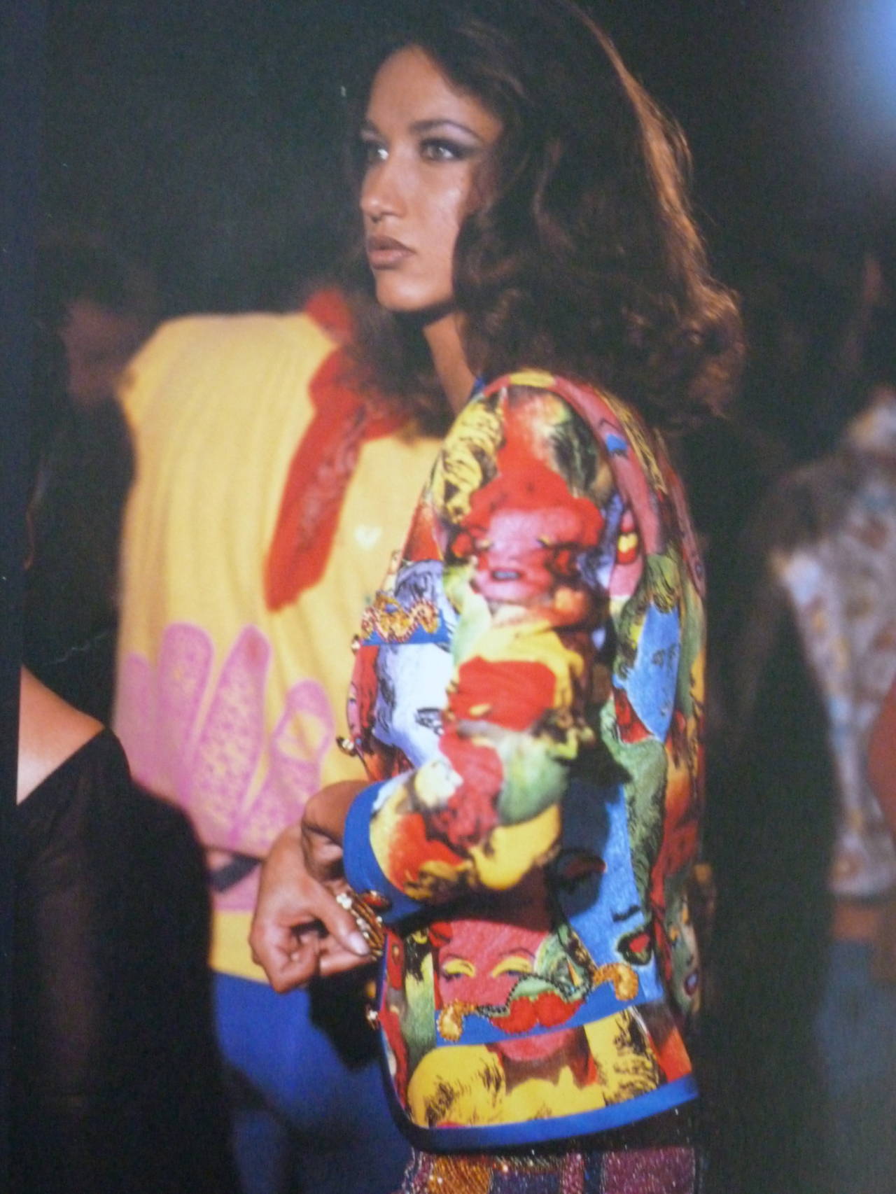 Iconic Gianni Versace Couture Marilyn print cotton gessato and silk jacket from the Spring 1991 Pop-Art collection. The jacket has blue silk sleeve inserts and edging and is fully lined in red silk. The jacket is secured at the collar and the cuffs