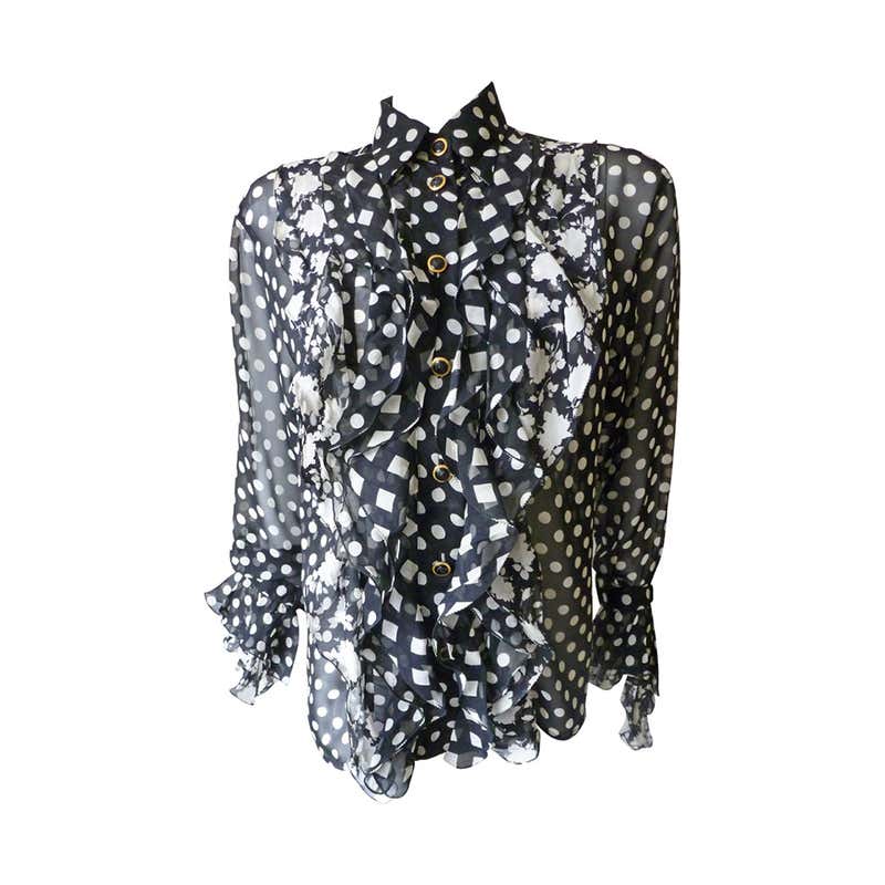 Gianni Versace Couture Silk Chiffon Polka Dot Floral Print Blouse ...