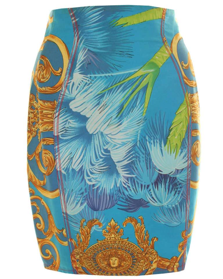 Gianni Versace Pret-a-Porter Baroque and palm Miami print skirt from the Spring/Summer 1993 collection.

Marked an Italian 40.

Manufacturer - B.V.M. Italia S.p.a.

Fabric content - 100% cotton