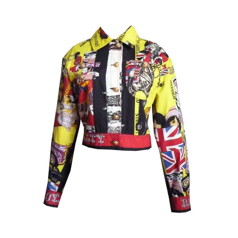 Gianni Versace Rock/Royalty Britannia Print Jeans Jacket Spring/Summer 1995 For Sale