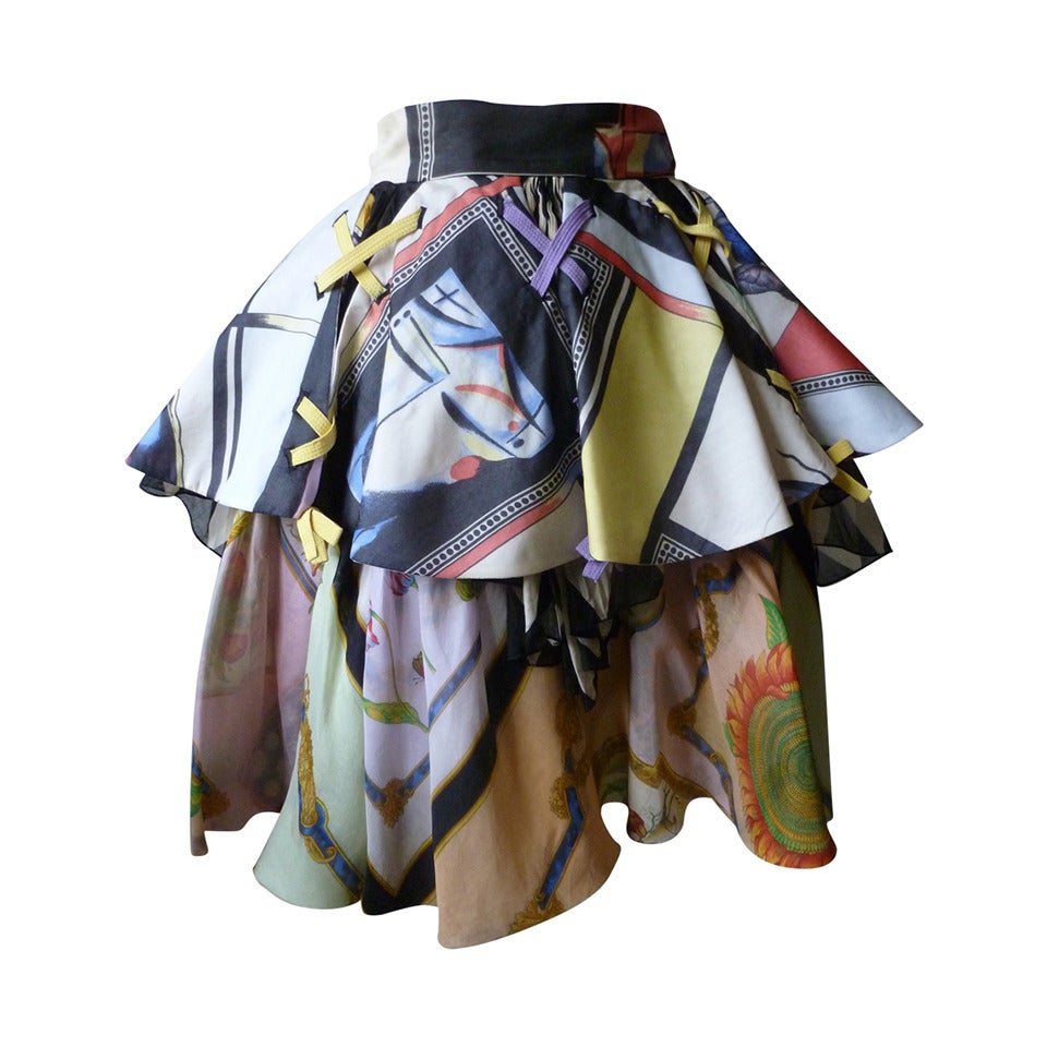 Rare Gianni Versace Tiered Silk Print Skirt With Ribbon Bows Spring 1992 For Sale