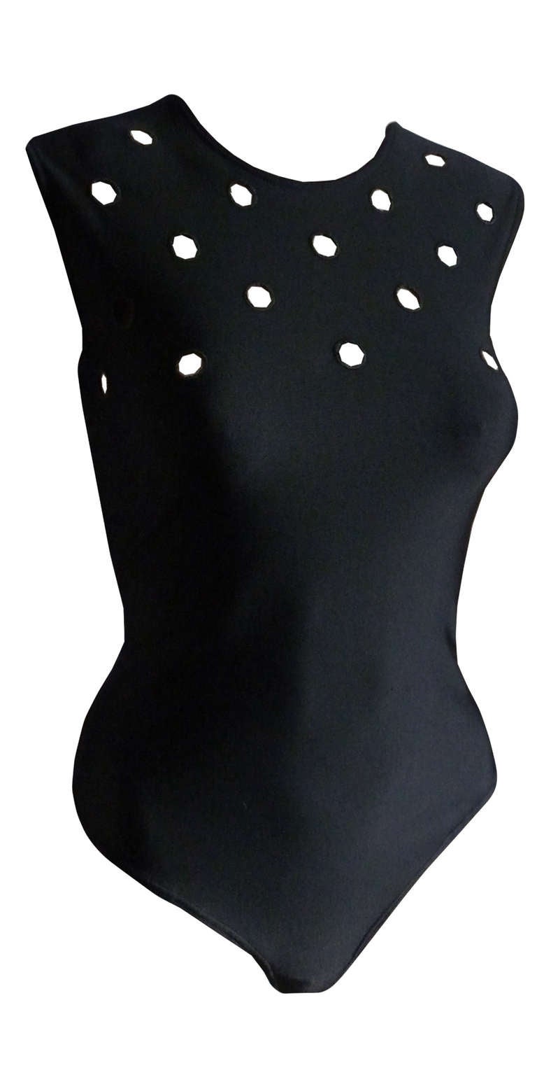 Gianni Versace Couture bodysuit with cut-out detailing from the Spring 1994 Punk collection.

Marked an Italian 40.

Manufacturer - Alias S.p.a.