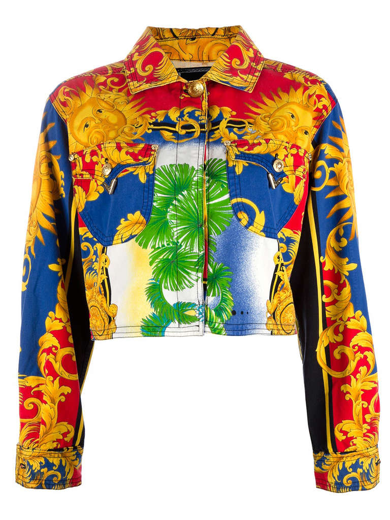 Gianni Versace Baroque Sunburst Miami print jeans jacket from the Spring 1993 Versace Jeans Couture collection.

Marked a Large.

Manufacturer - Ittierre S.p.a.