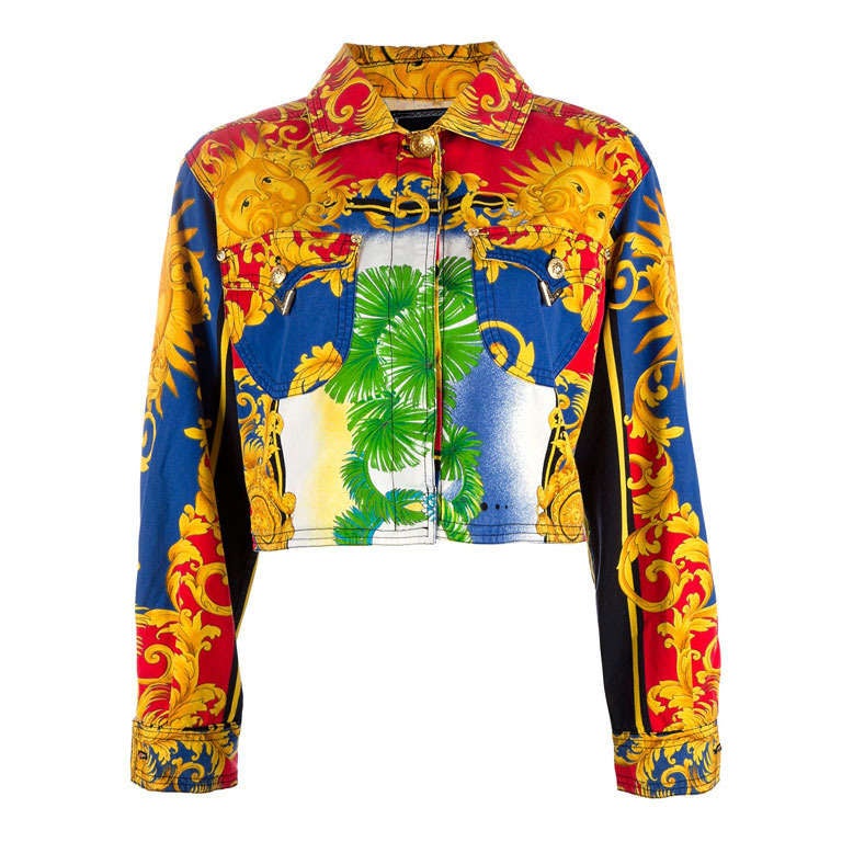 Gianni Versace Baroque Sun Miami Print Jeans Jacket Spring 1993 For Sale