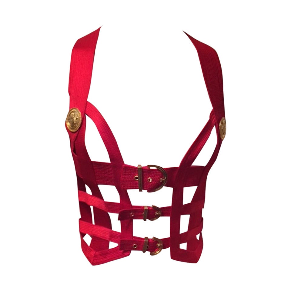 Iconic Gianni Versace Couture Red Bondage Harness Bodice Fall 1992 For Sale