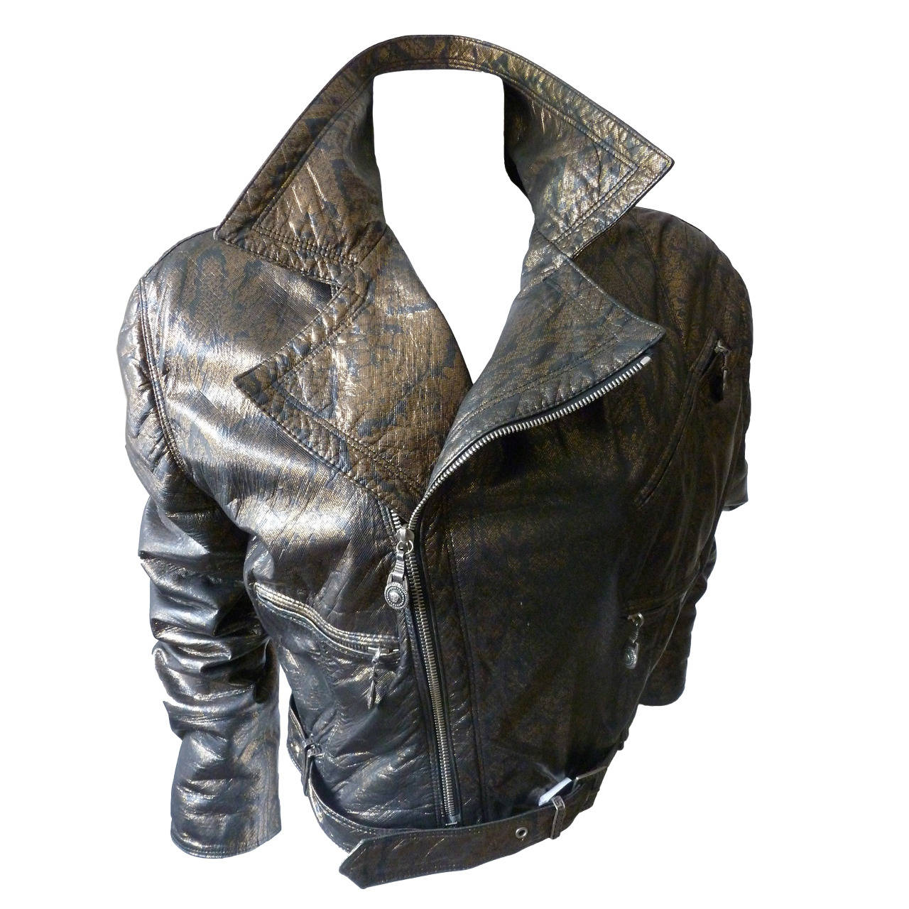 Gianni Versace Bronze Metallic Python Skin Effect Leather Biker Jacket Fall 1994 For Sale