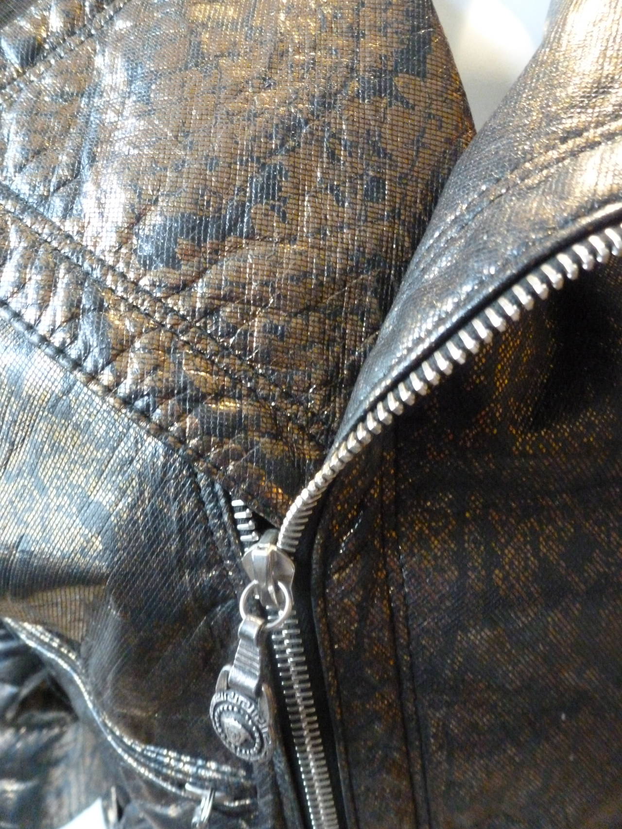 Gianni Versace Bronze Metallic Python Skin Effect Leather Biker Jacket Fall 1994 In Excellent Condition For Sale In W1, GB