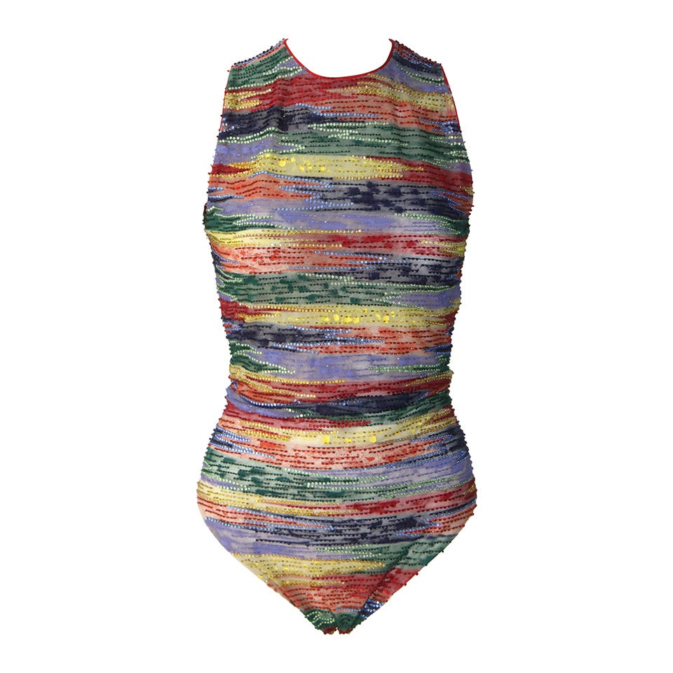 Rare Atelier Versace Rainbow Embroidered Silk Net Bodysuit Spring 1993 For Sale