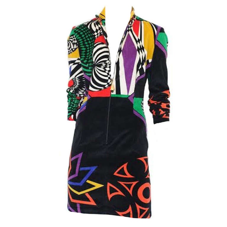 Gianni Versace Versus Printed Velvet Zip Dress Spring/Summer 1993 For Sale