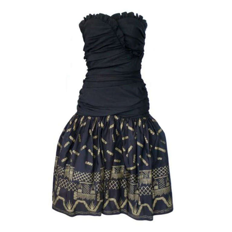Zandra Rhodes Cocktail Dress With Gold Paint Abstract Print 1990 For Sale