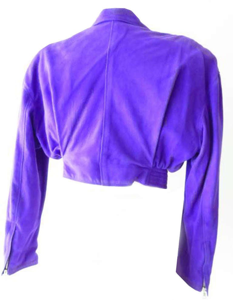 Gianni Versace Pret-a-Porter purple suede biker jacket from the Autumn/Winter 1990 collection.

Marked an Italian 40.

Manufacturer - Ruffo S.p.a.
