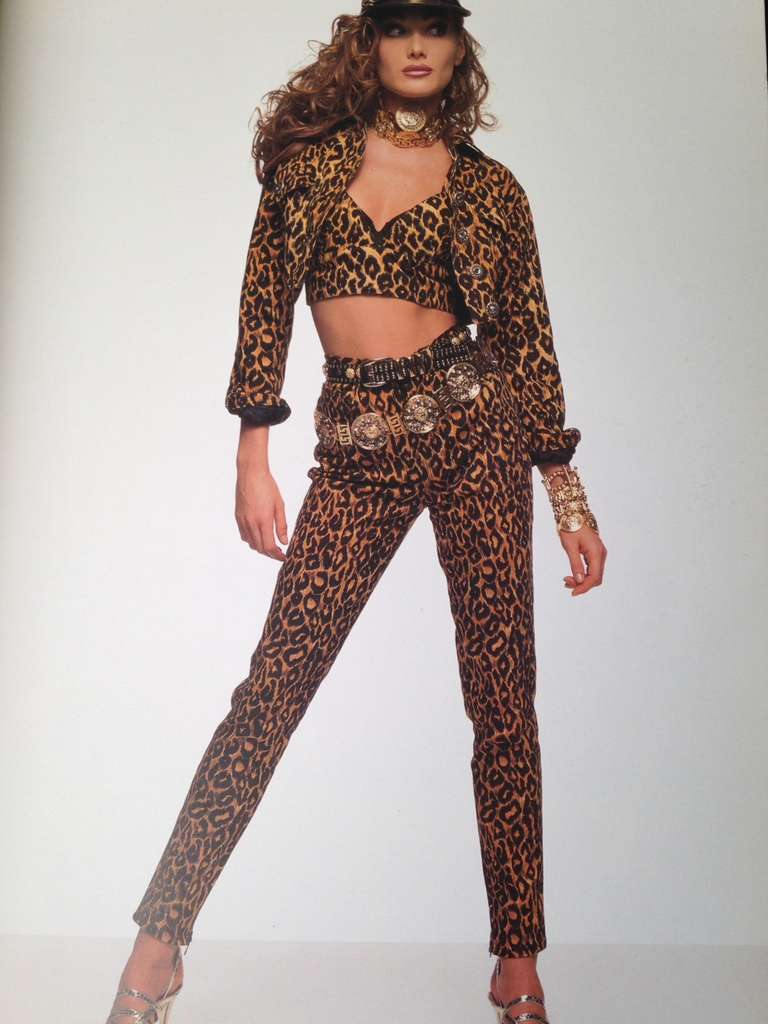Gianni Versace leopard print jeans from the Spring/Summer 1992 collection.

The jeans featured in both the advertising campaign for the collection and were also modelled by Carla Bruni in the catalogue for the collection.

Marked an Italian