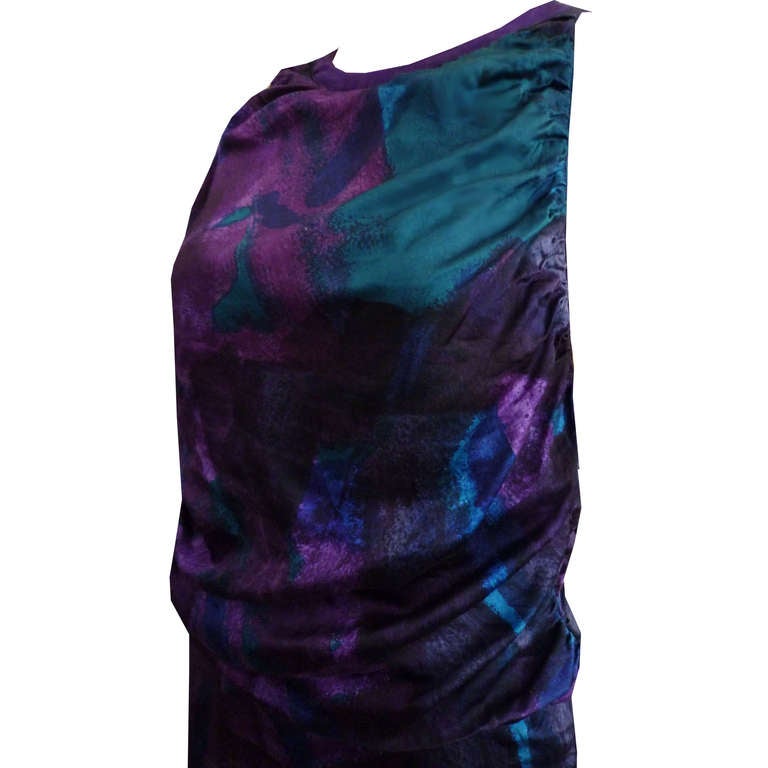 Extremely rare Gianni Versace Pret-a-Porter silk print sleeveless draped and tiered dress from one of Gianni's earliest collections - Spring/Summer 1979. The dress features a subtle abstract print in shades of purple, blue and green. The dress is