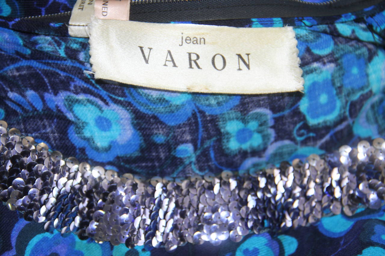 Black Rare Jean Varon Floral Print Sequin Flared Jumpsuit 1970's For Sale