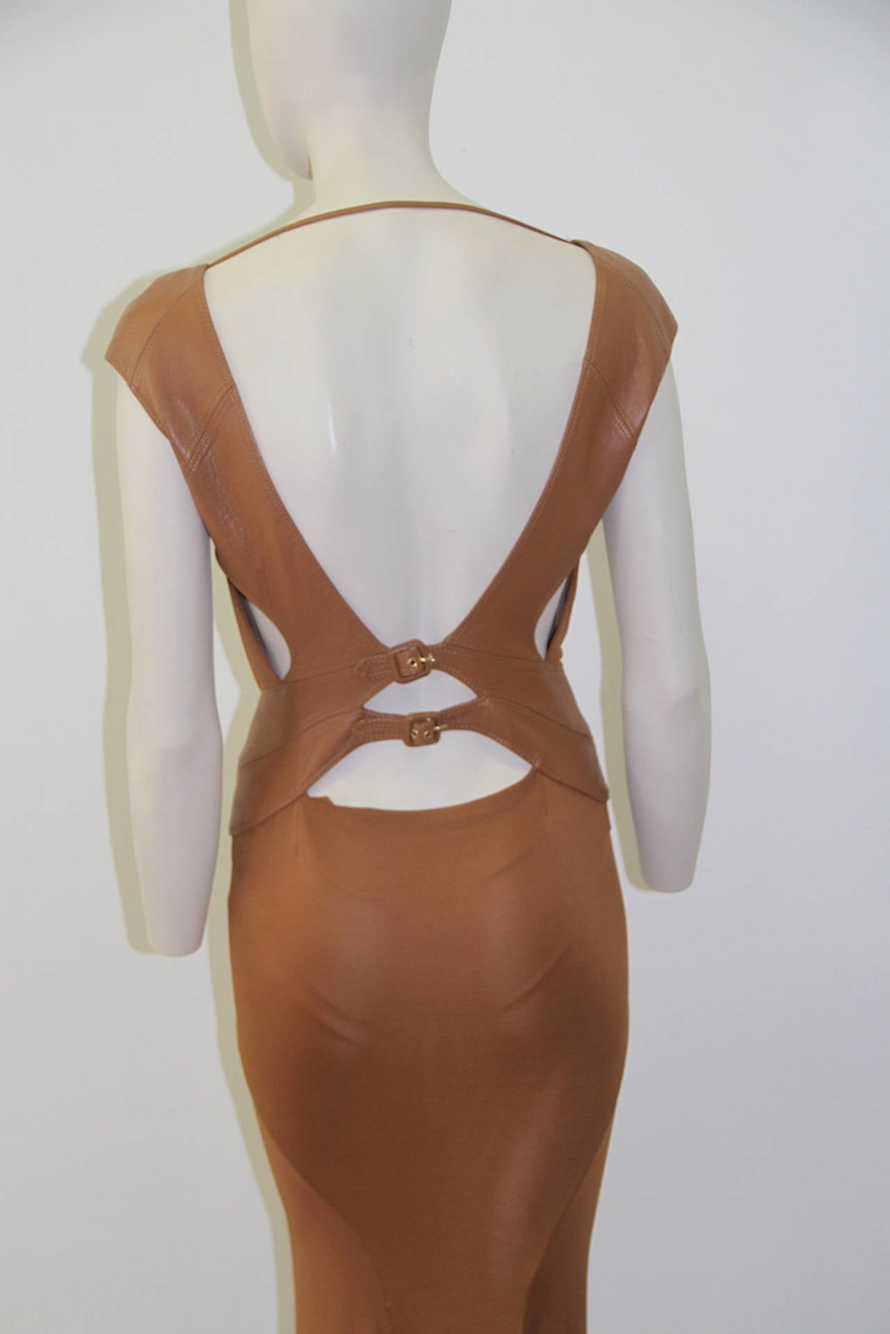 Brown Gianni Versace Silk Jersey Draped Gown With Leather Fall 2001 For Sale