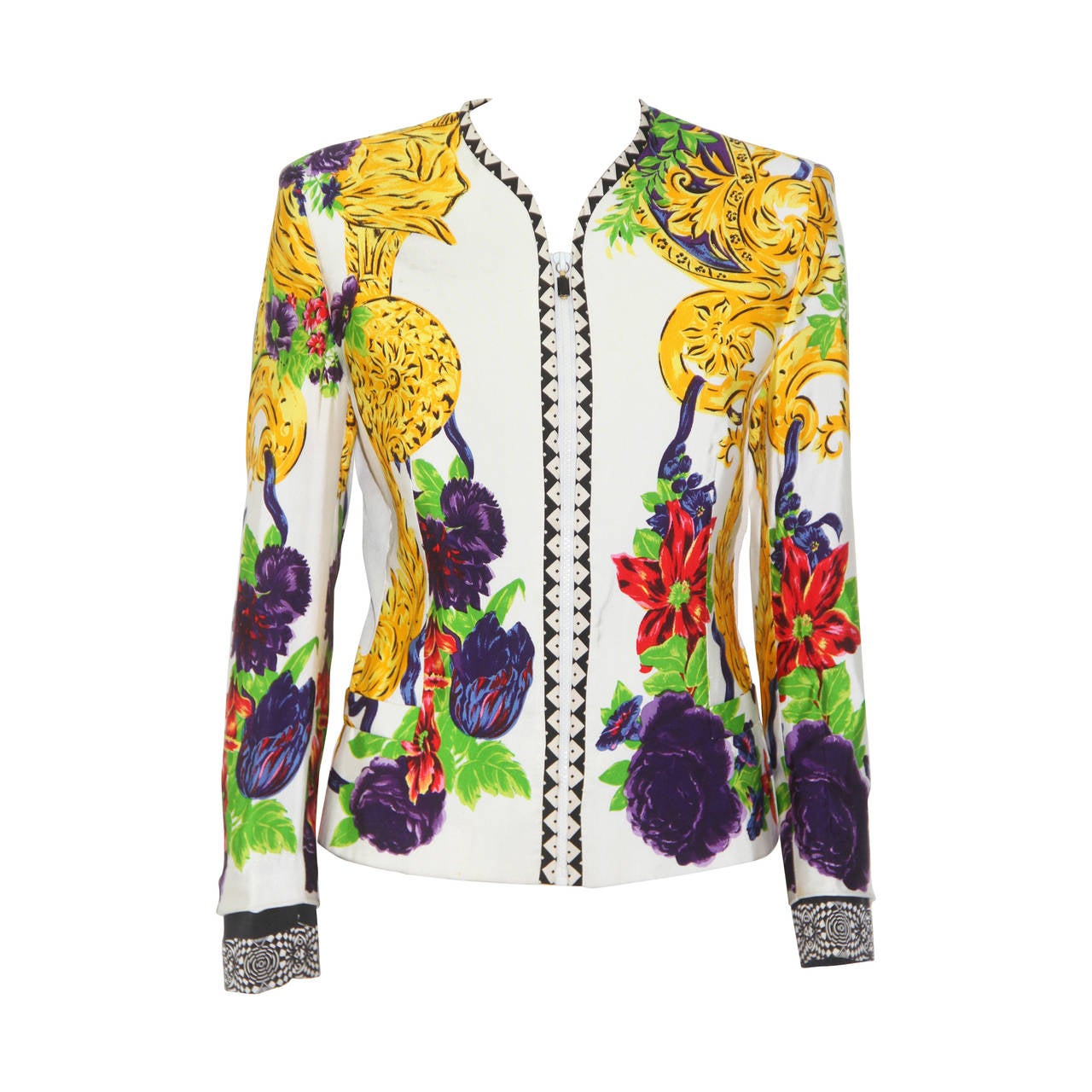 Gianni Versace Silk Floral Printed Zip Front Jacket Spring 1992 For Sale
