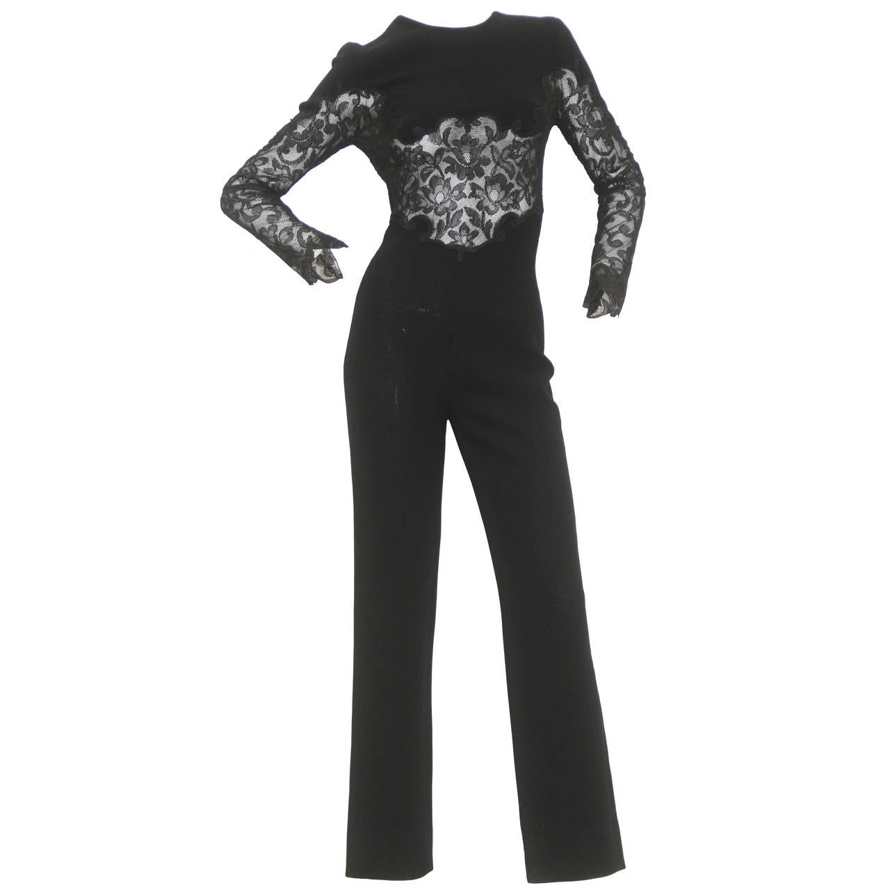 Very Rare Gianni Versace Evening Jumpsuit With Sheer Lace Panels Fall 1991 For Sale