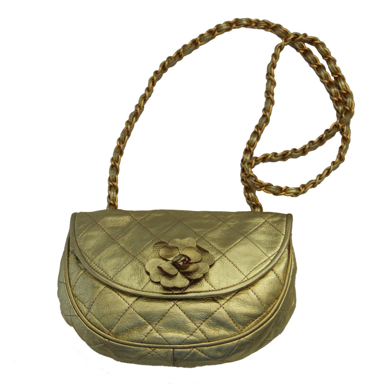 Rare Chanel Gold Quilted Mini Camelia For Sale